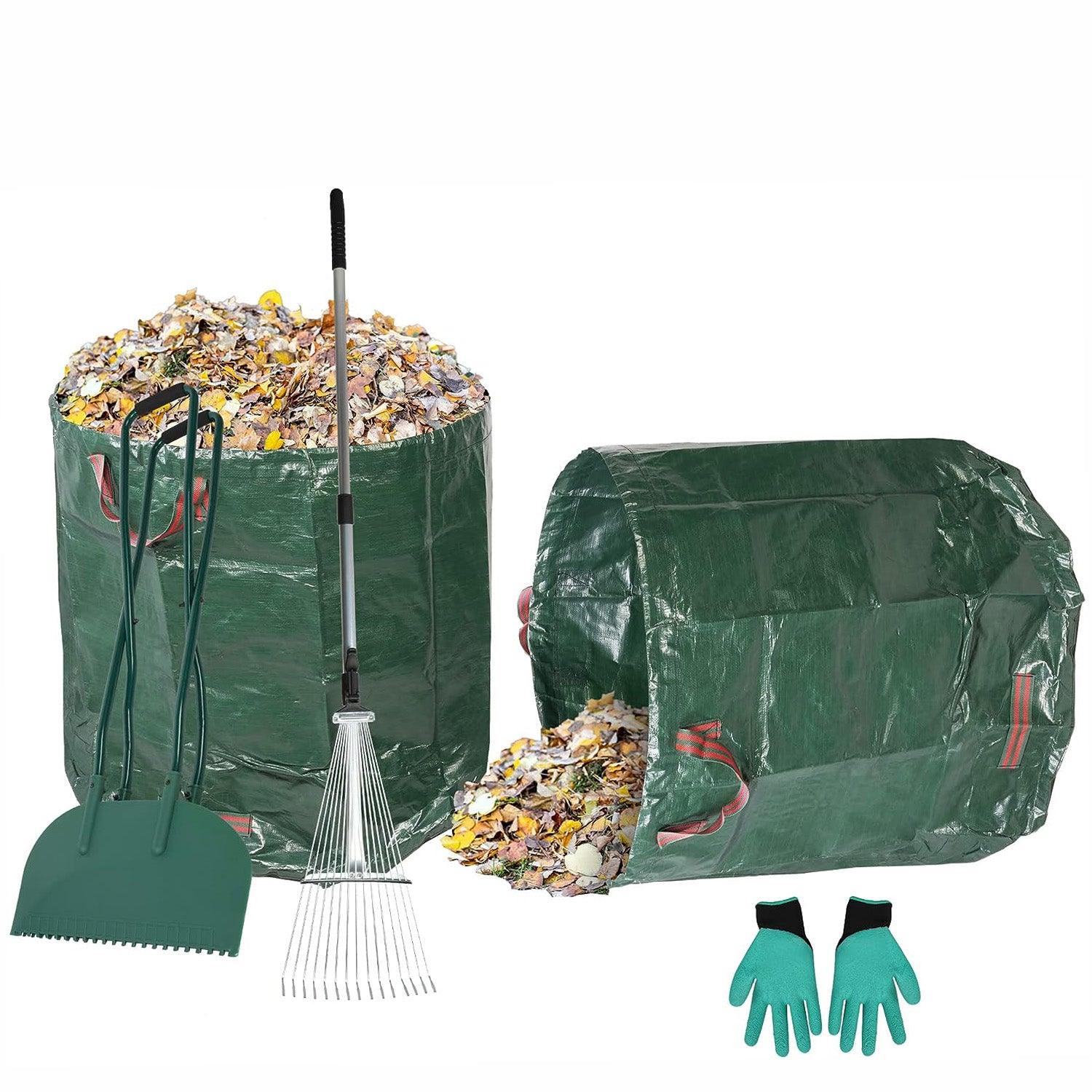 Metal Leaf Rake Set, Comes with Large Leaf Scoop, 2 Garden Bags, 1 Pair of Work Gloves, Leaf Clean-Up Tool - Luckyermore