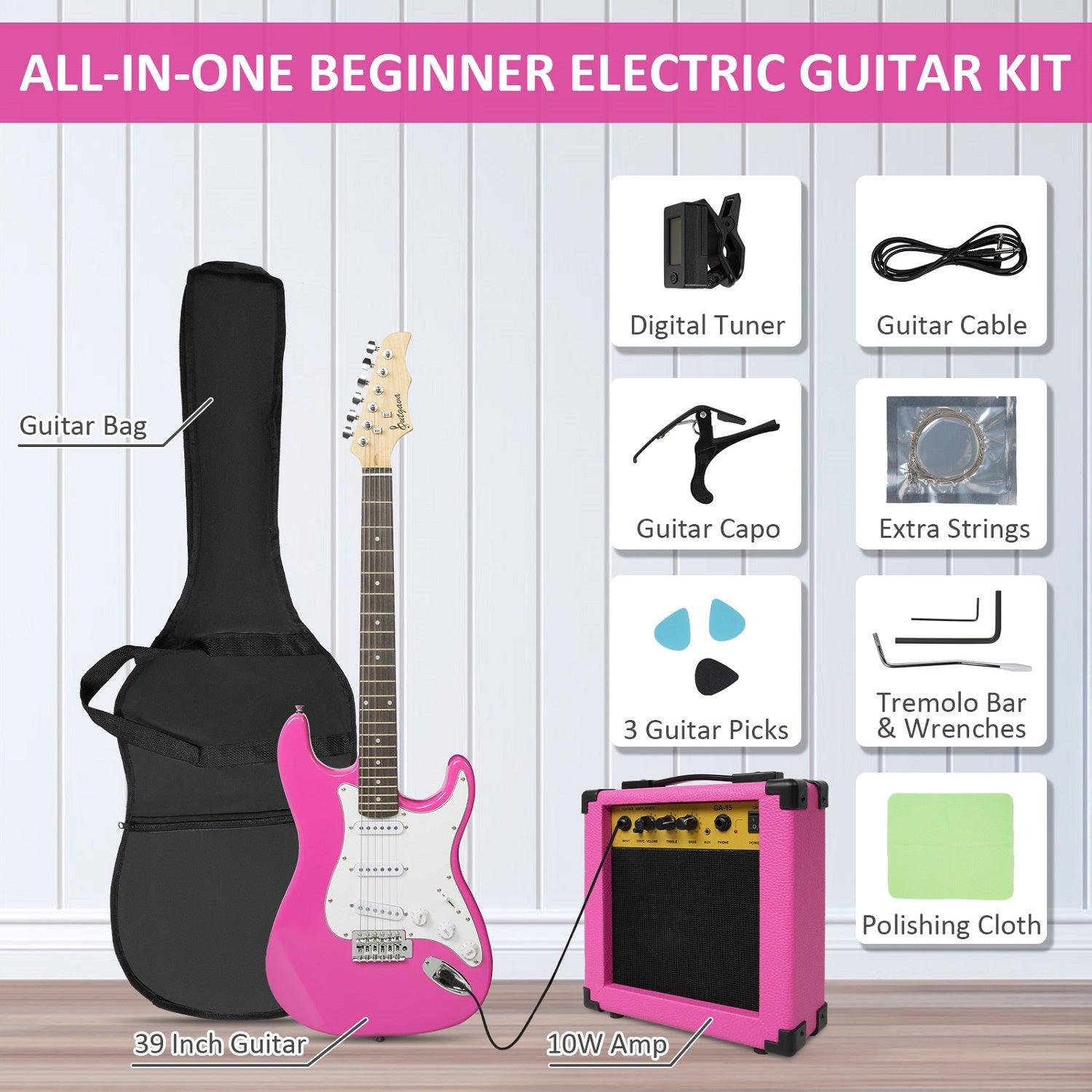 39.5" Full Size Electric Guitar Kit for Beginners with 10W Amplifier, Pink - Luckyermore