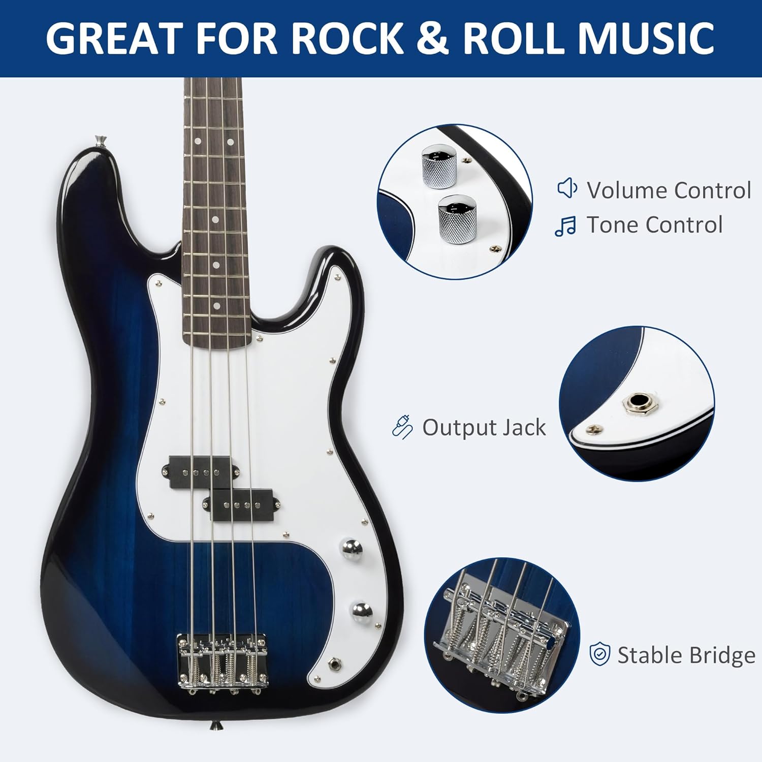 46" Full Size Electric Bass Guitar Kit PB style for Beginners with Amplifier, Blue and White - Luckyermore