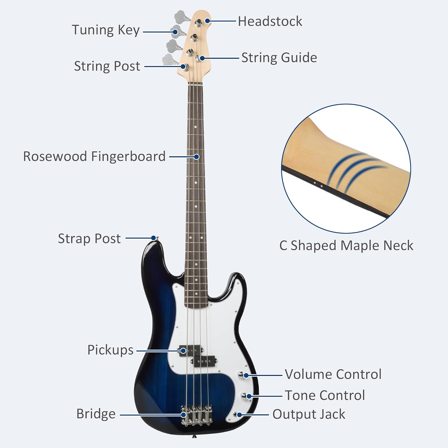 46" Full Size Electric Bass Guitar Kit PB style for Beginners with Amplifier, Blue and White - Luckyermore
