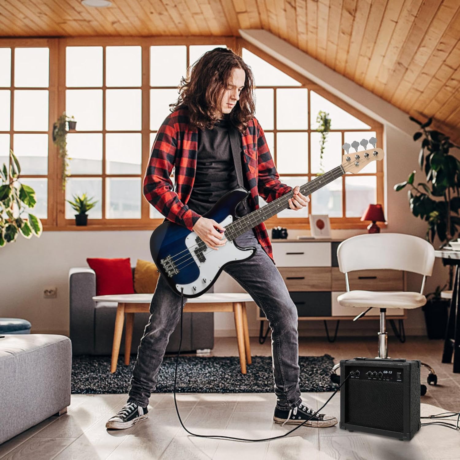 46" Full Size Electric Bass Guitar Kit PB style for Beginners with Amplifier, Blue and White - Luckyermore