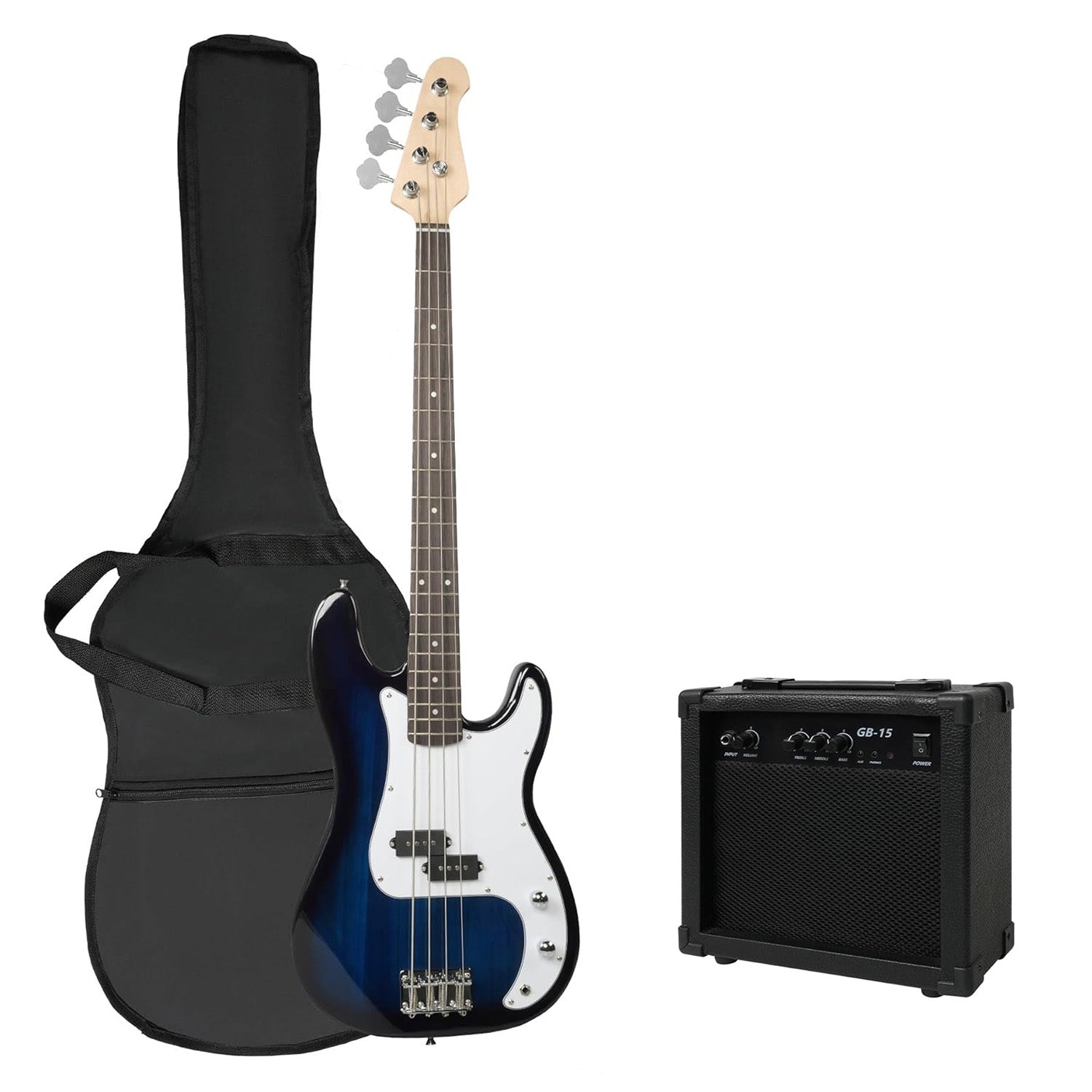 46" Full Size Electric Bass Guitar Kit PB style for Beginners with Amplifier, Blue and White - Luckyermore
