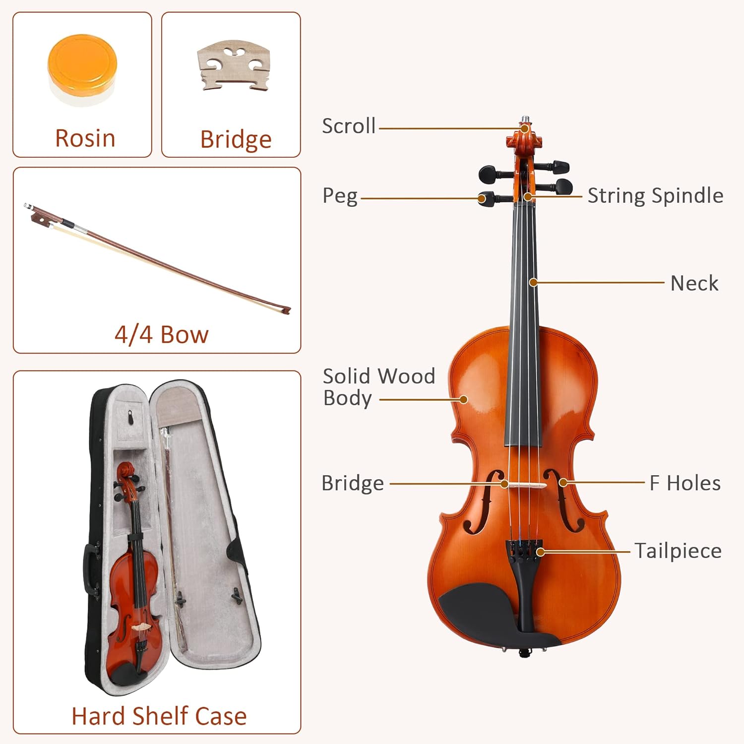 4/4 Full-Size Maple Acoustic Violin Set for Beginners with Case, Bow, Bridge, Rosin, Brown