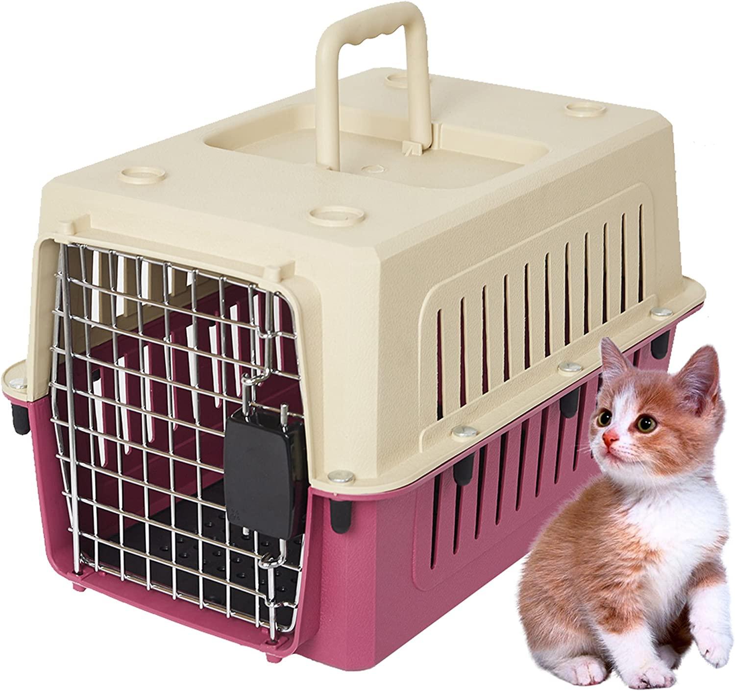 Small Plastic Cat & Dog Carrier Cage Portable Pet Box Airline Approved Pet Kennel 16.5lbs Weight Capacity, Red - Luckyermore