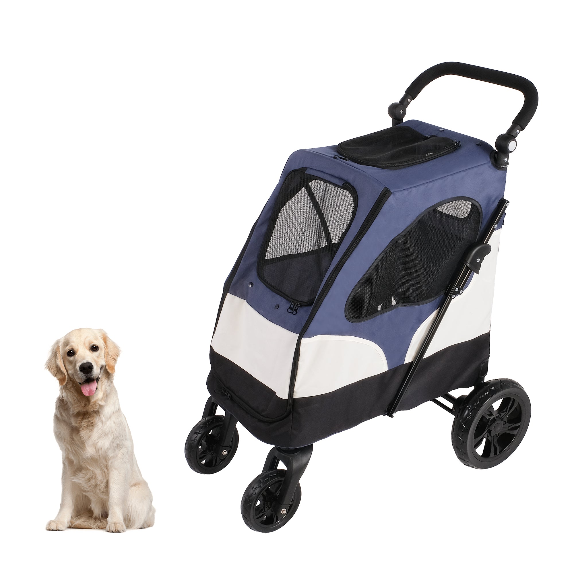 LUCKYERMORE Foldable Travel Dog Stroller Pet carrier with Adjustable Handle & Mesh Window, Blue