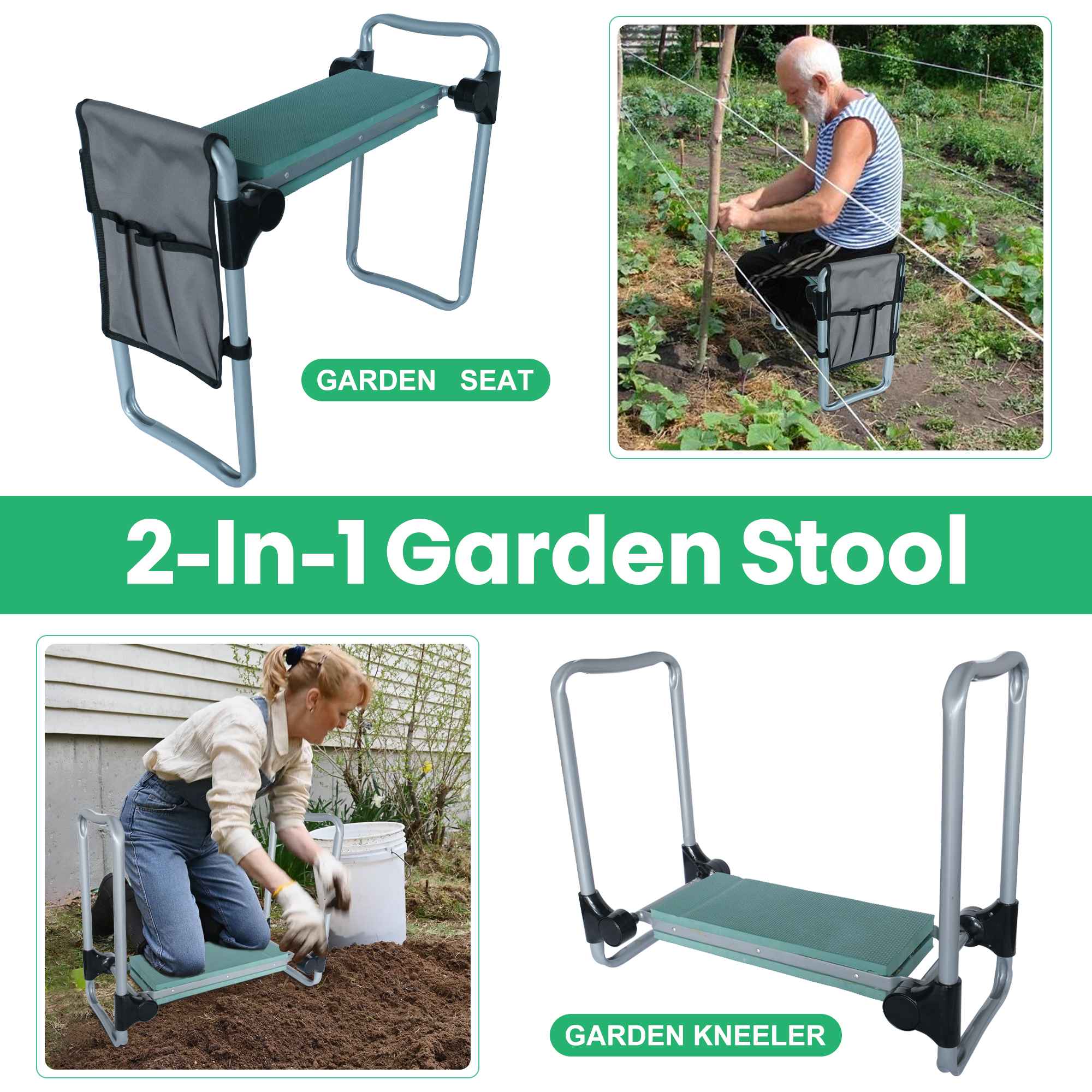 Upgrade Garden Kneeler Seat Garden Stools Bench with Tool Pocket Green Luckyermore