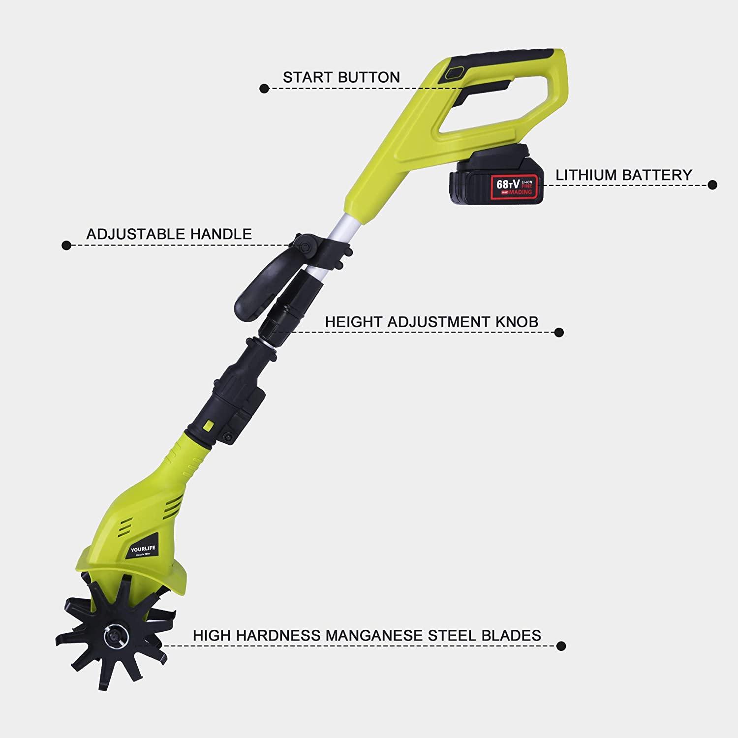 LUCKYERMORE Cordless Electric Garden Tiller/Cultivator Adjustable with 20V 2.0 Ah Lithium Battery and Charger