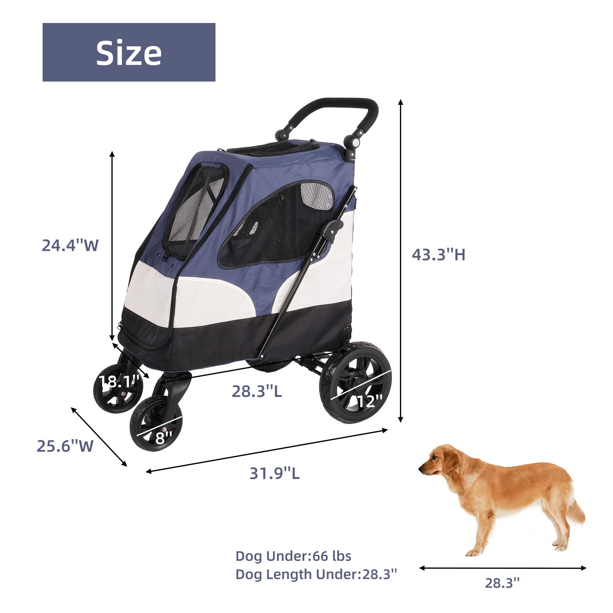 LUCKYERMORE Foldable Travel Dog Stroller Pet carrier with Adjustable Handle & Mesh Window, Blue