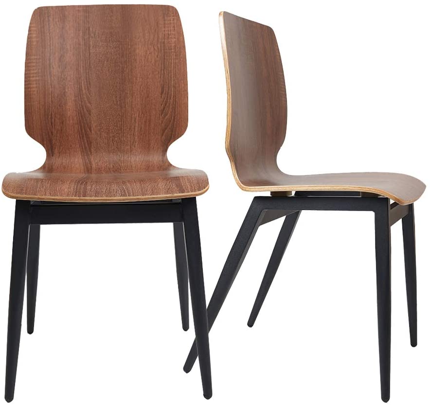 LUCKYERMORE Set of 4 Modern Kitchen Chairs with Wooden Seats Metal Legs Dining Side Chair, Brown Curved Edge
