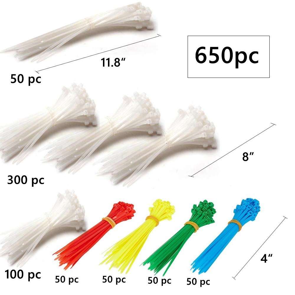 650 pc Nylon Zip Ties Cable Wire Ties Adjustable Self-Locking Multi-Color for Home,Outdoor,Office