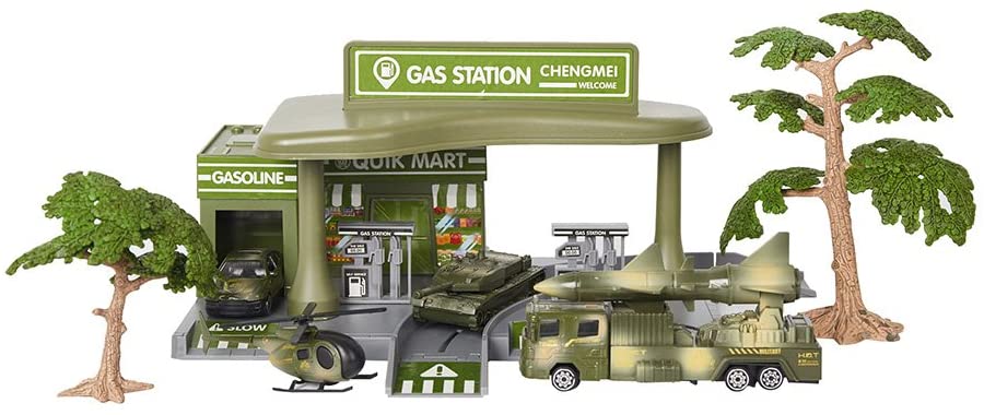 Pretend Toddler's Military Gasoline Station Toy Set with Cars,Green Color Army Men Vehicles