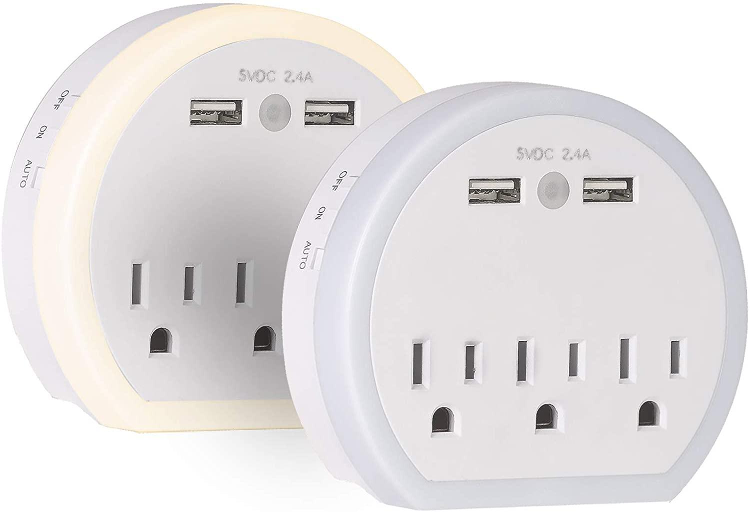 Wall Outlet Extender, Surge Protector Multi Plug Wall Charger with 3 Outlets and 2 USB Ports(5V/2.4A), Night Light Multiple Power Outlet for Cruise Ship Travel Office Home, White(2-Pack) - Luckyermore