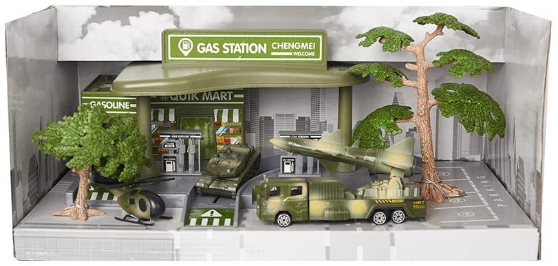 Pretend Toddler's Military Gasoline Station Toy Set with Cars,Green Color Army Men Vehicles