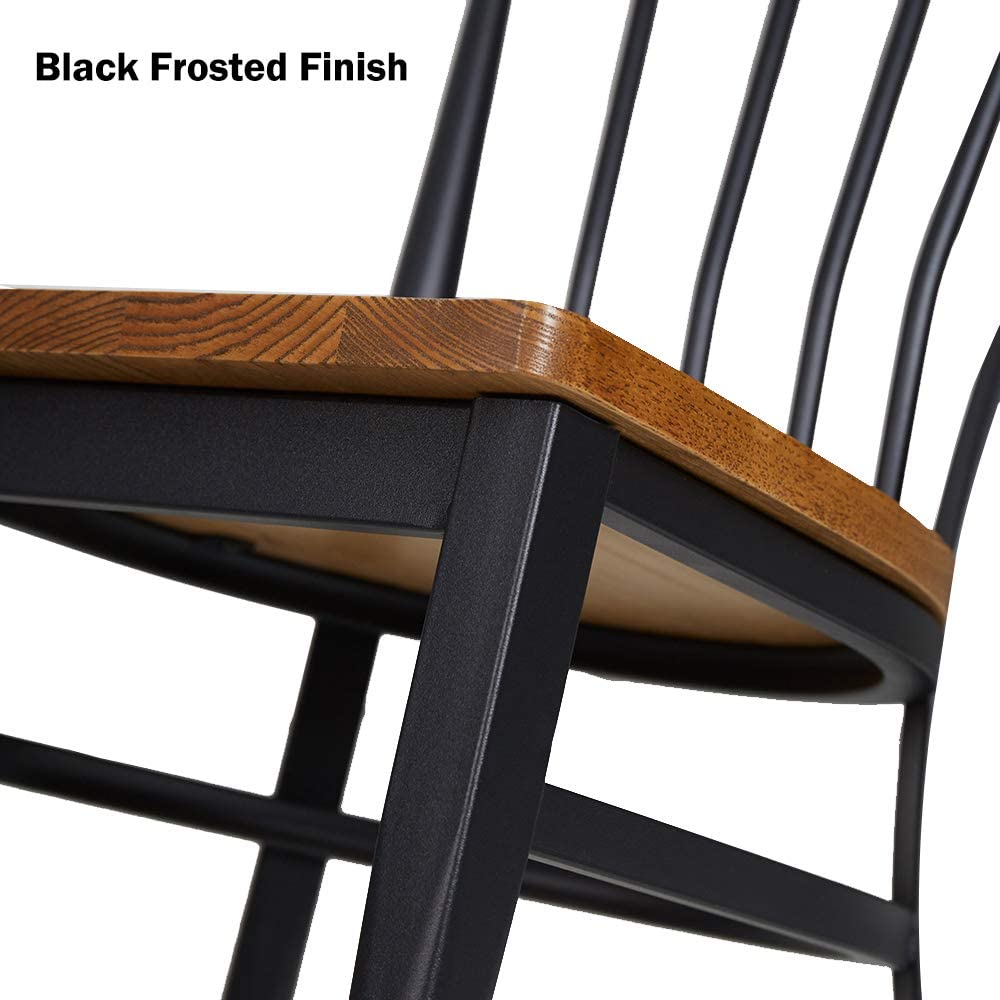 LUCKYERMORE Set of 2 Dining Side Chairs Natural Wood Seat Iron Frame Simple Kitchen Restaurant Chairs, Comb Back