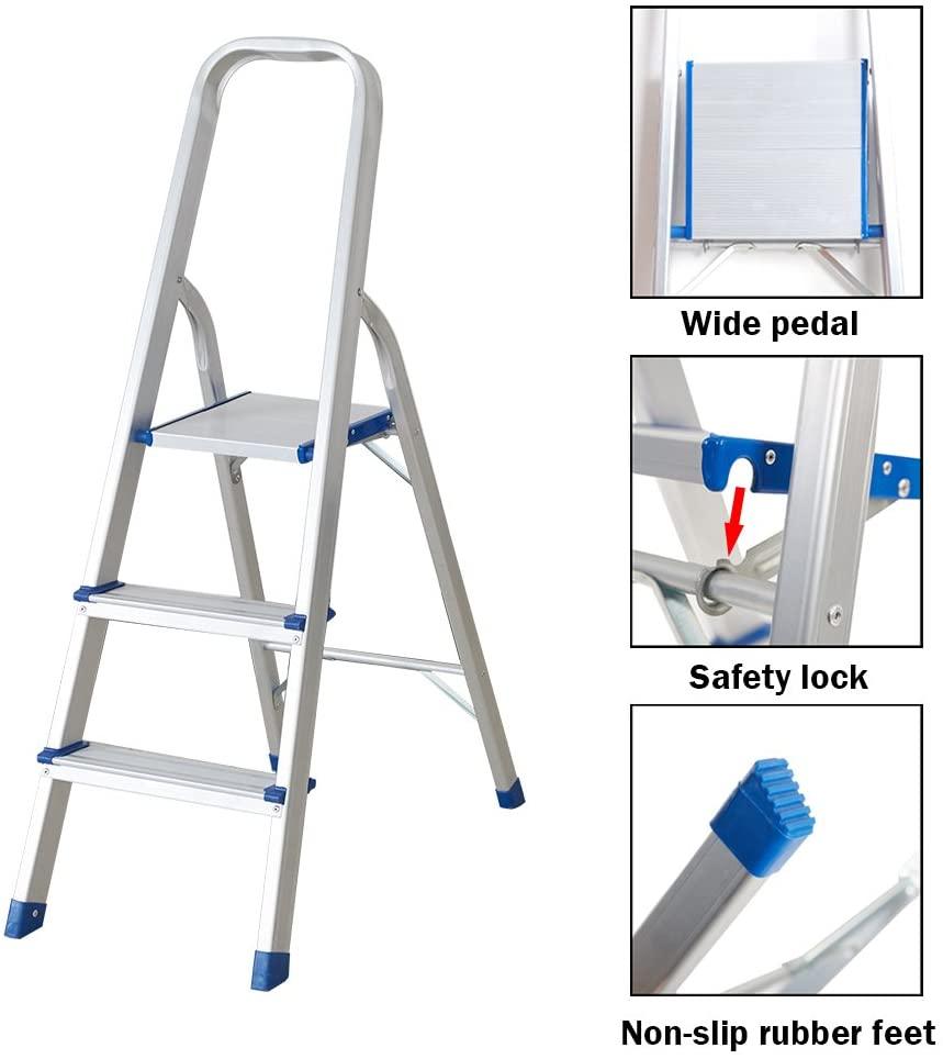 3 Step Ultra Lightweight Step Ladder 330lbs Capacity Aluminum Folding Stool Home Kitchen - Luckyermore