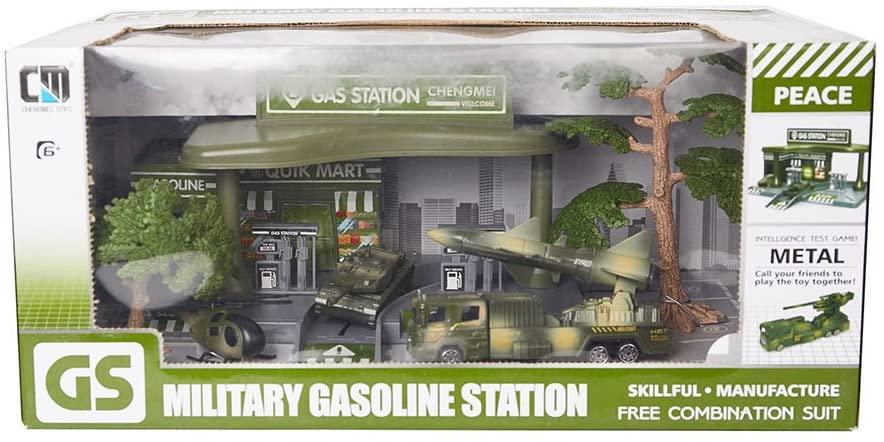 Pretend Toddler's Military Gasoline Station Toy Set with Cars,Green Color Army Men Vehicles