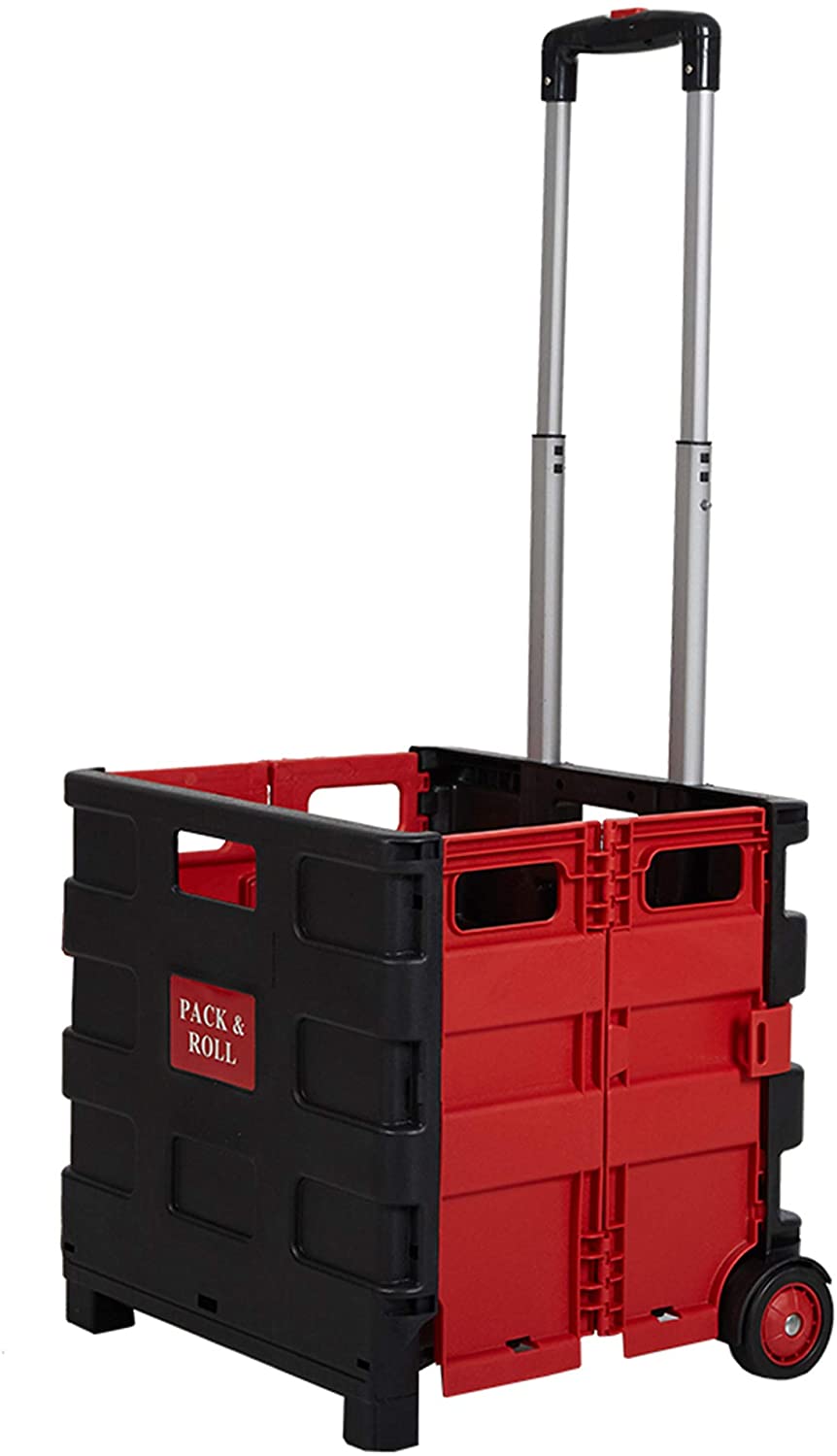 LUCKYERMORE 55lbs Collapsible Rolling Crate Transit Utility Cart Foldable Grocery Cart with Wheels, Red