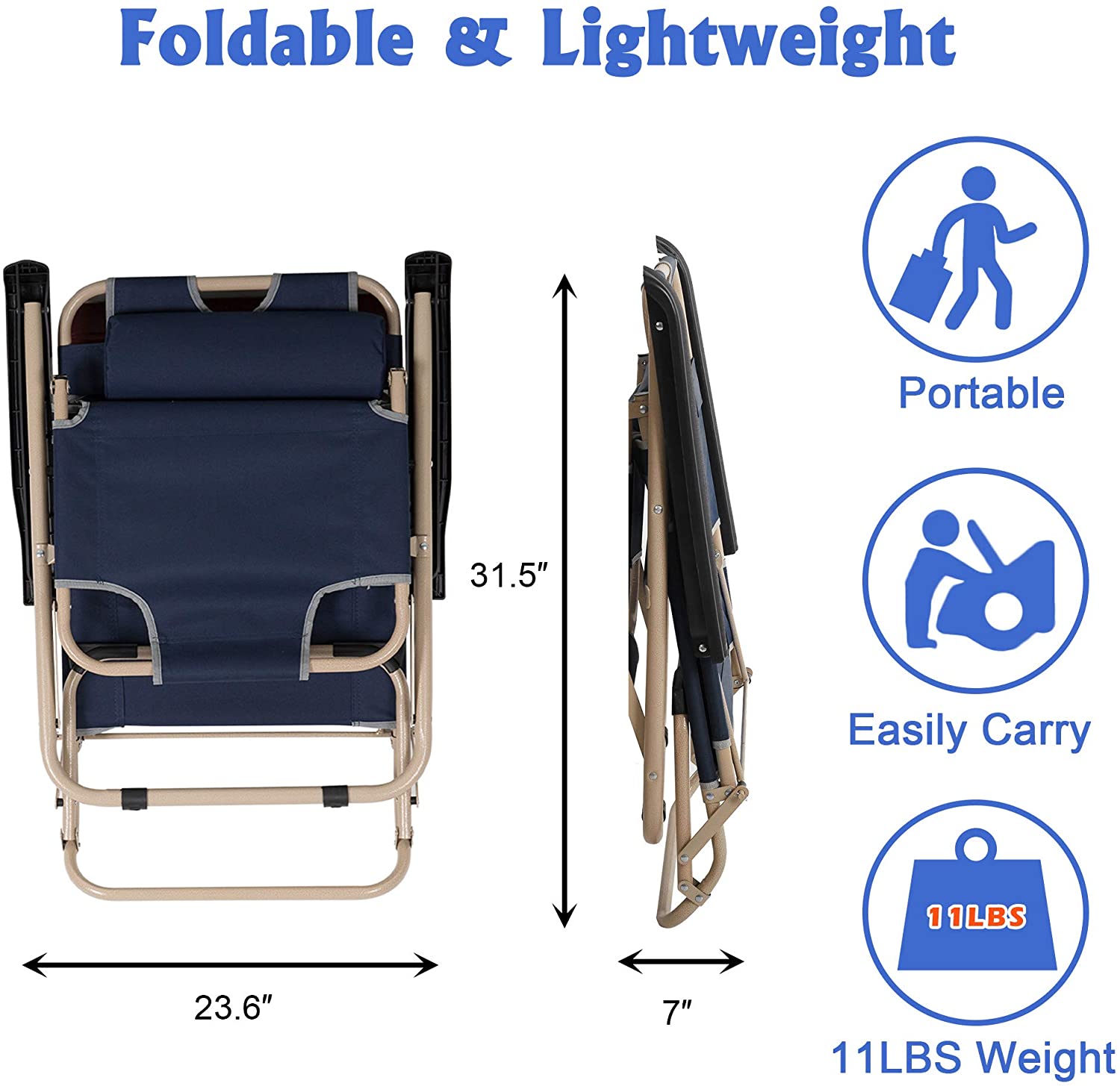 Luckyermore Set of 2 Portable Chaise Lounge Chair 66" L Flat Folding Outdoor Recliner Chair, Dark Blue