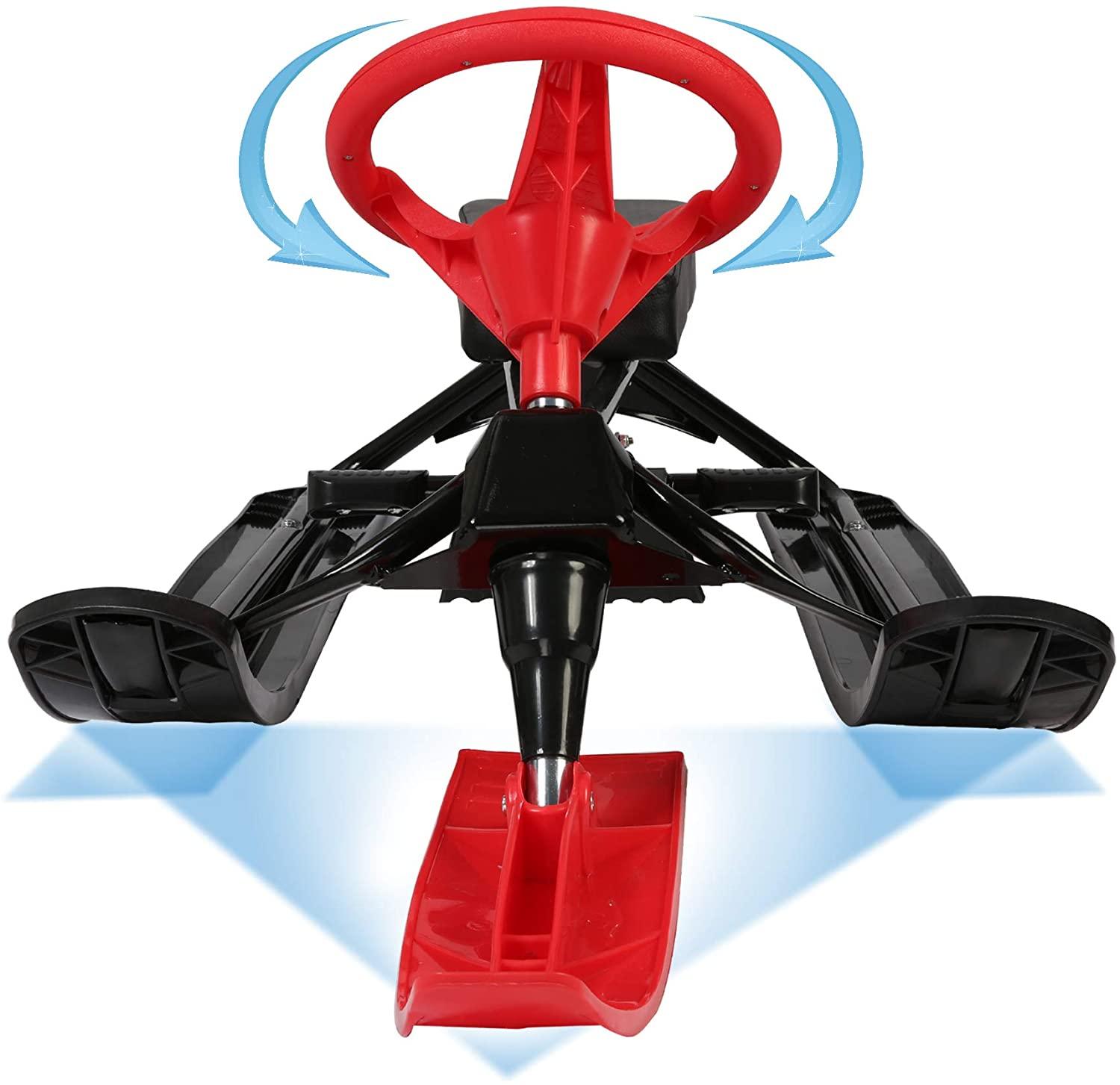 Snow Racer Sled with Steering Wheel and Brakes Kids Teens Ski Sled Slider Board, Red - Luckyermore