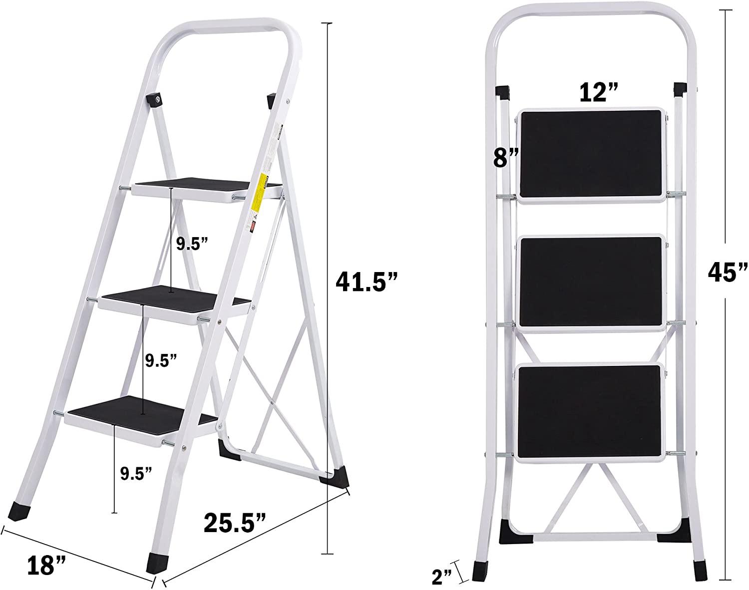 3 Step Ladder Sturdy Step Stool Portable 330lbs Capacity Light Weight for Home Kitchen Office - Luckyermore