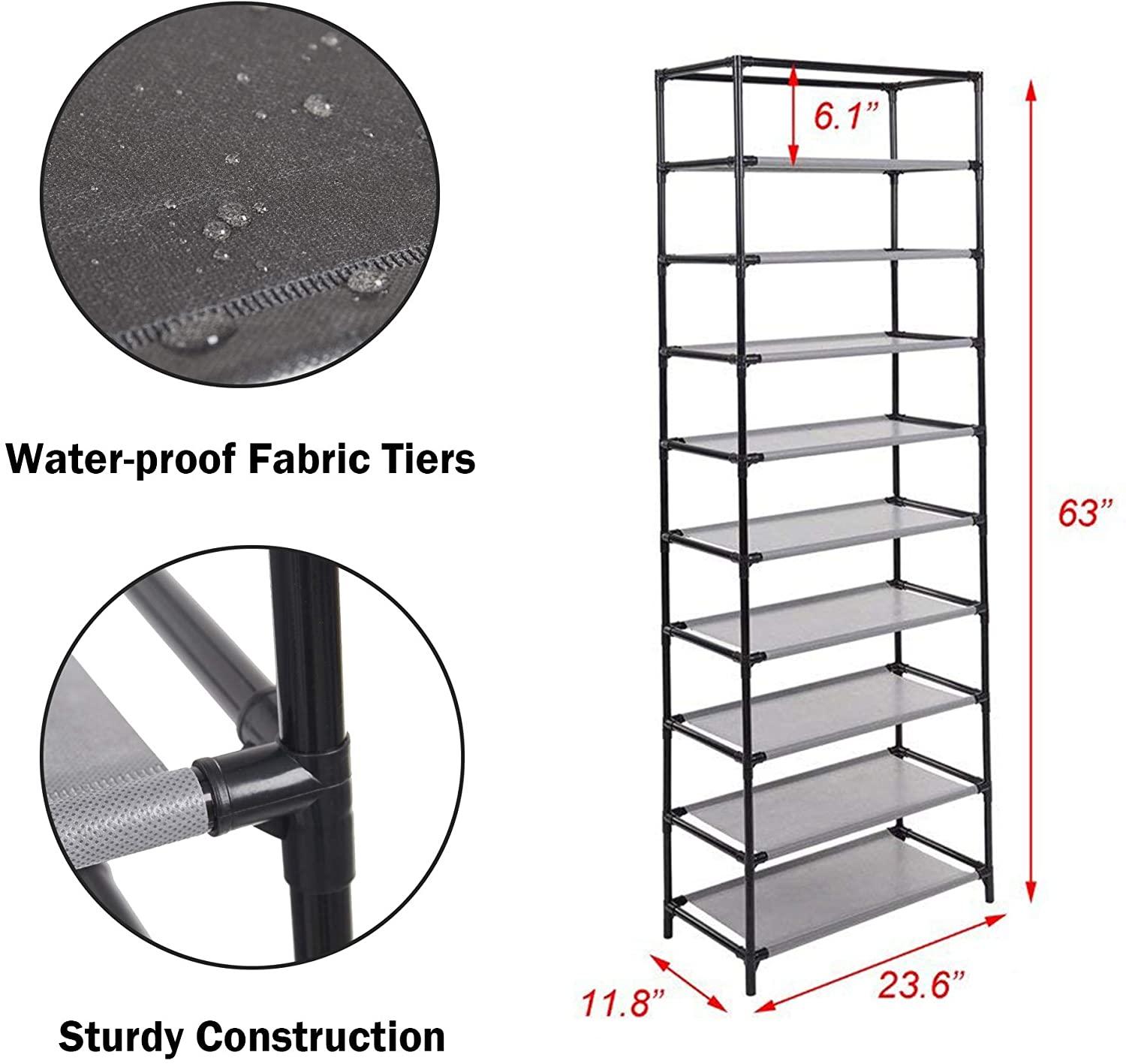 LUCKYERMORE 10 Tiers Shoe Rack with Dustproof Cover Shoes Storage Cabinet Boot Organizer, Red