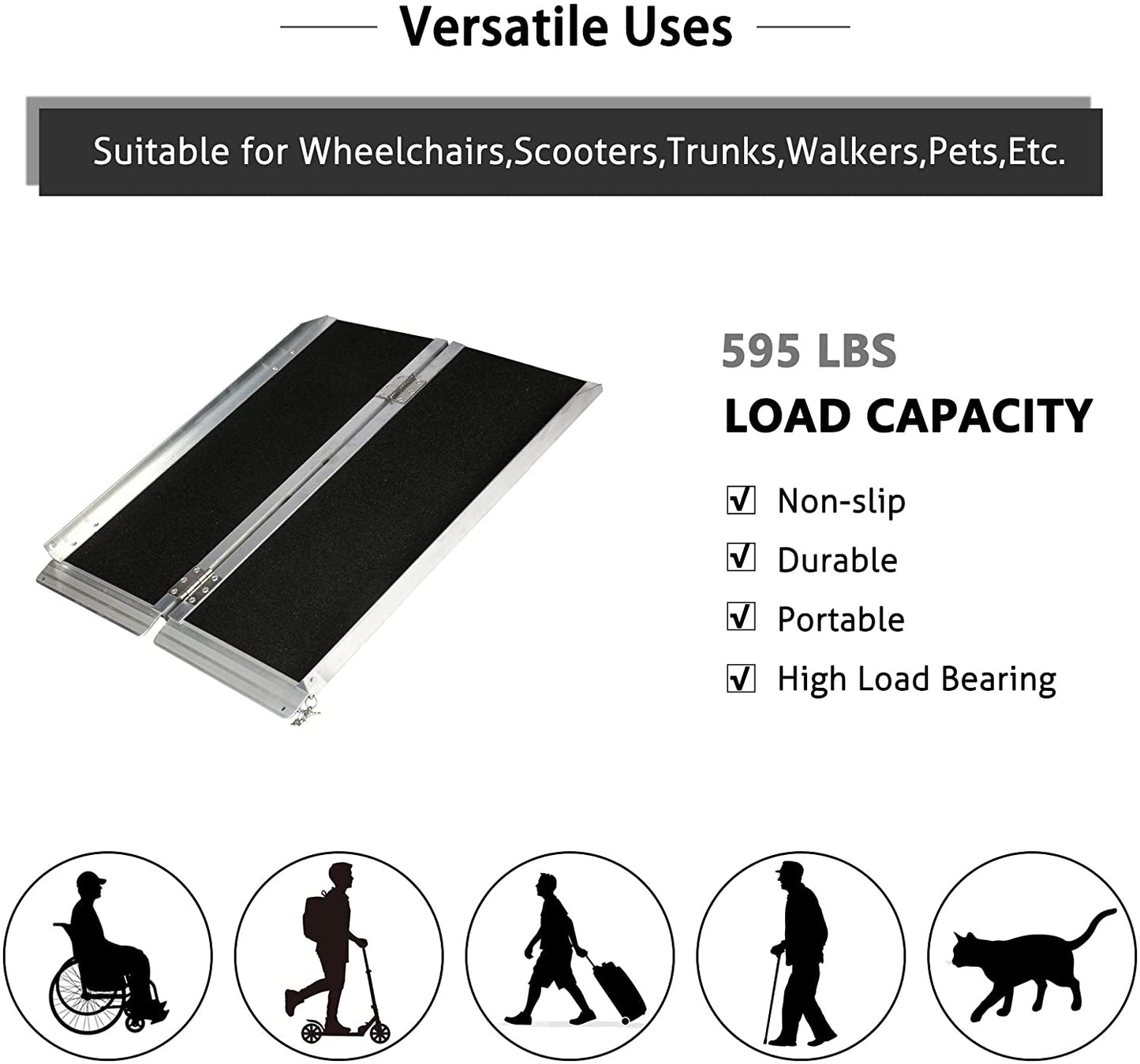 Wheelchair Ramp Non Skid Folding Threshold Ramp 3FT, 595 lbs Weight Capacity Portable Aluminum Foldable Wheelchair Ramp for Home Steps Stairs Doorways Scooter
