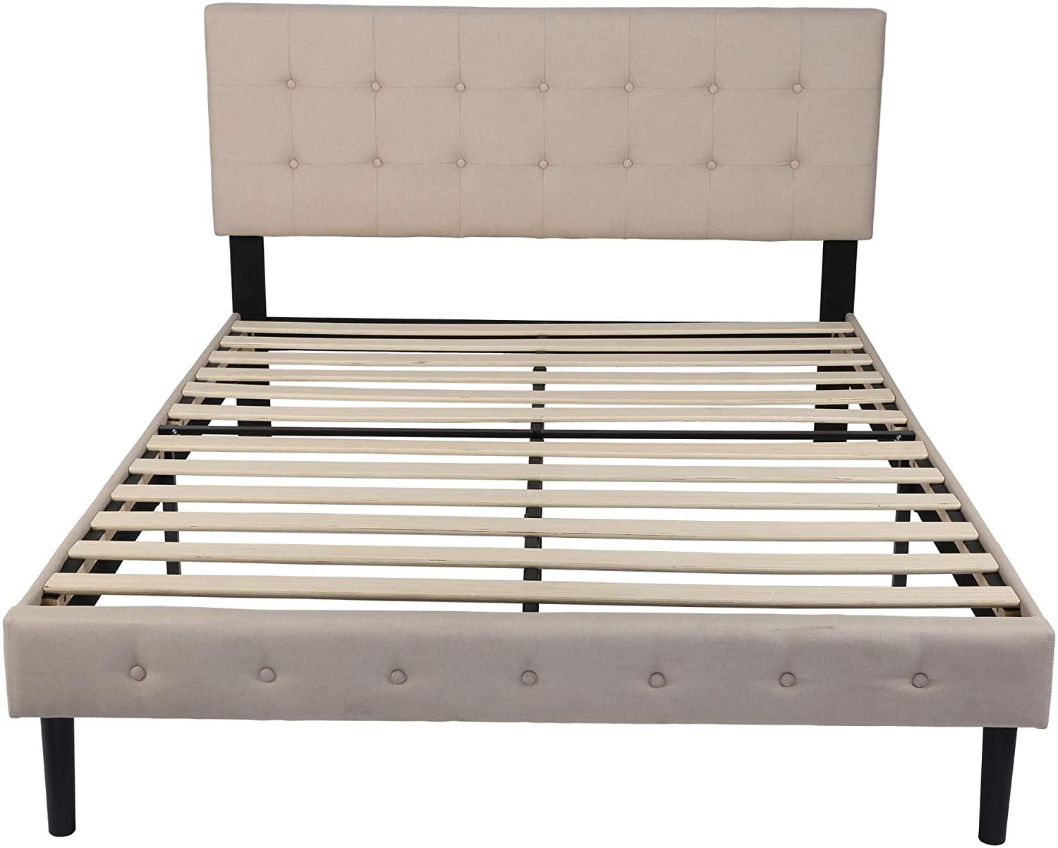 14 Inch Upholstered Platform Bed Frame with Headboard Mattress Foundation with Wood Slat Support No Box Spring Needed Beige - Luckyermore