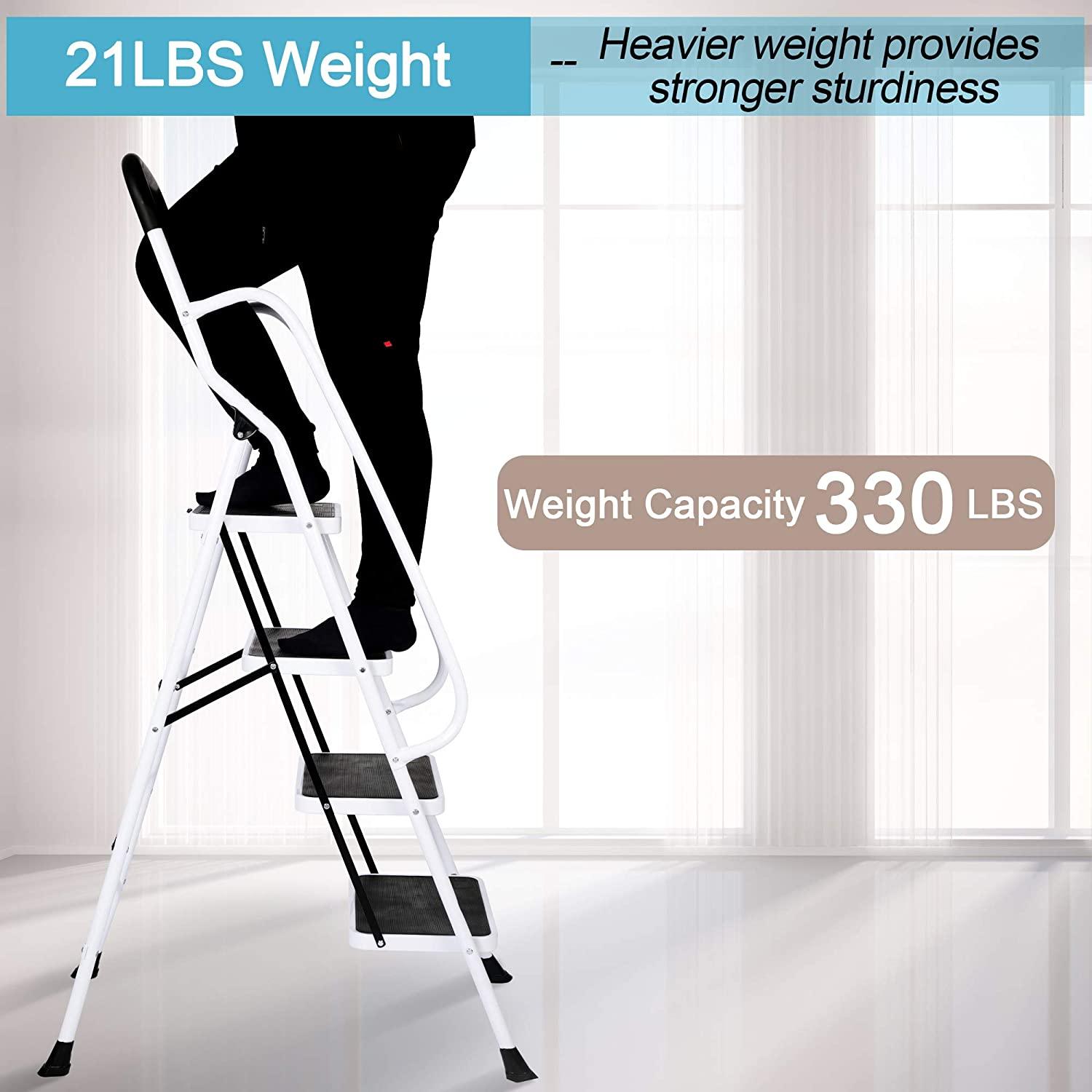 LUCKYERMORE 4 Step Stable Step Ladders with Hand Grips Safety Ladders 330lbs Capacity