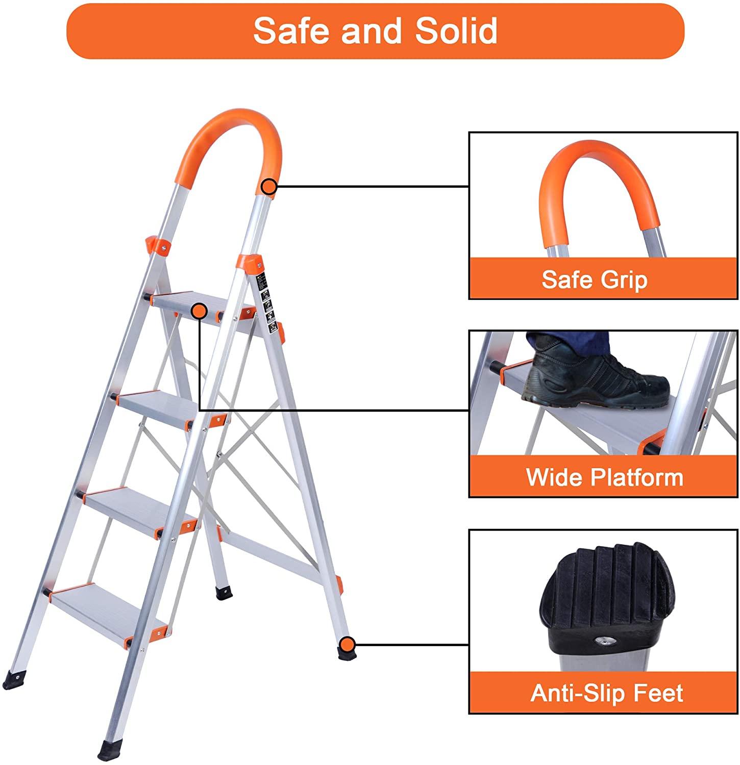 Portable Step Ladder 4 Step for Adults, Sturdy Aluminum 4 Step Stool with Handgrip for Kitchen, 220lbs Capacity