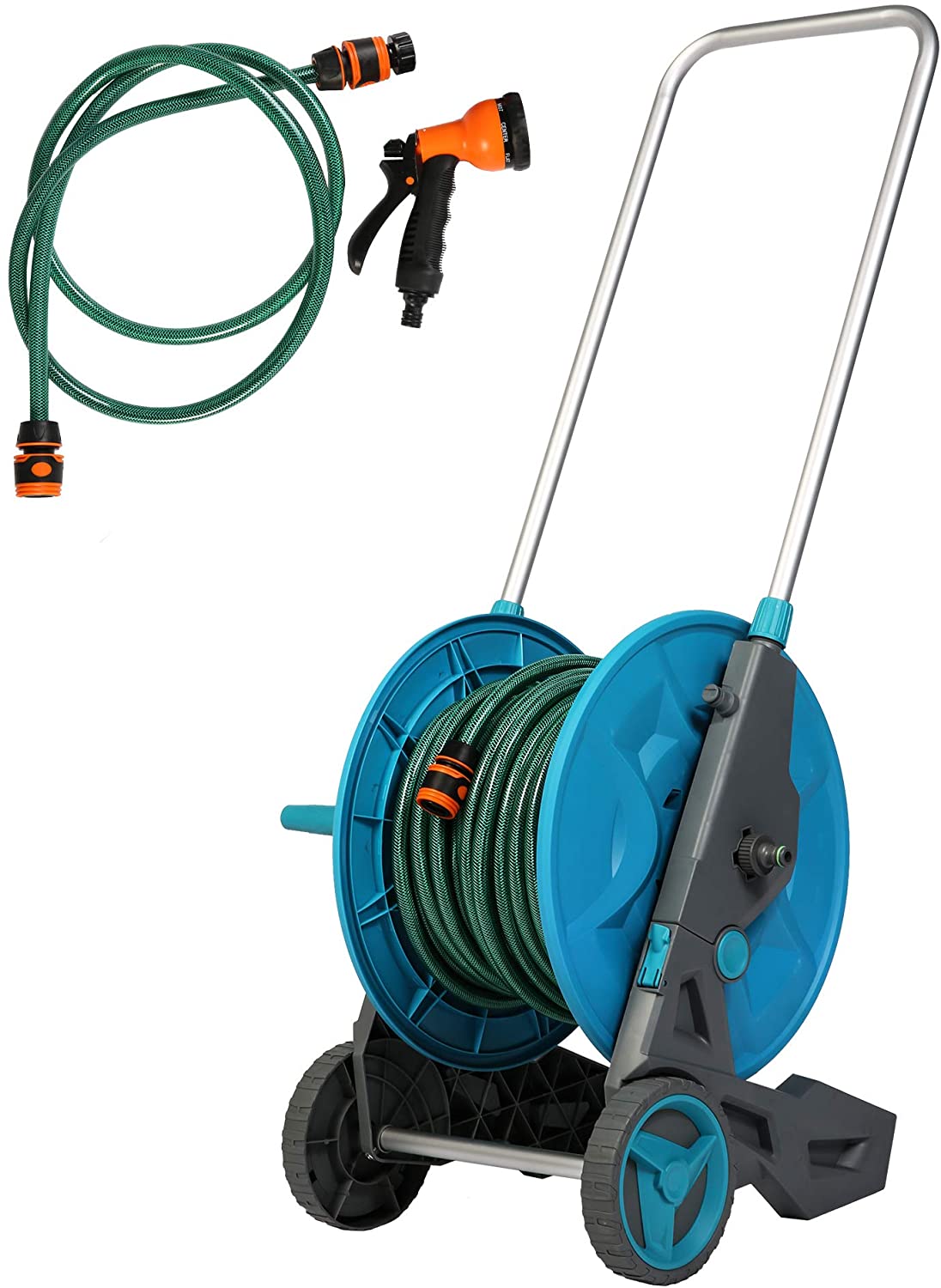 130 Feet Garden Hose Reel Aluminum Hose Reel Cart with Wheels 3/4 Inch 6.6 Feet Leader Hose 7 Patterns Nozzle Included