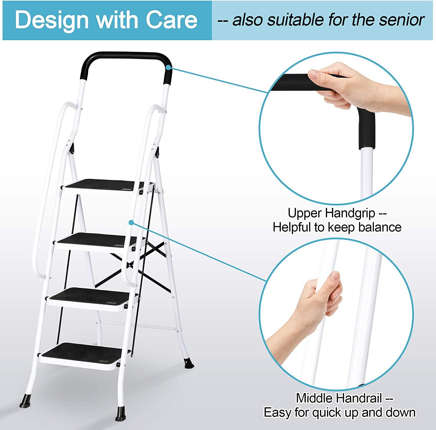 LUCKYERMORE 4 Step Stable Step Ladders with Hand Grips Safety Ladders 330lbs Capacity