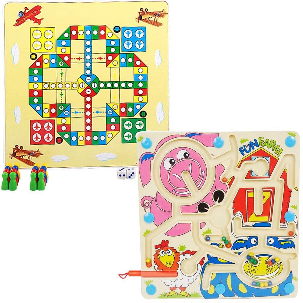 Magnetic Maze Family Kids 3 up 2-Sided Board Game Maze Puzzles,Traffic Maze & Flying Chess