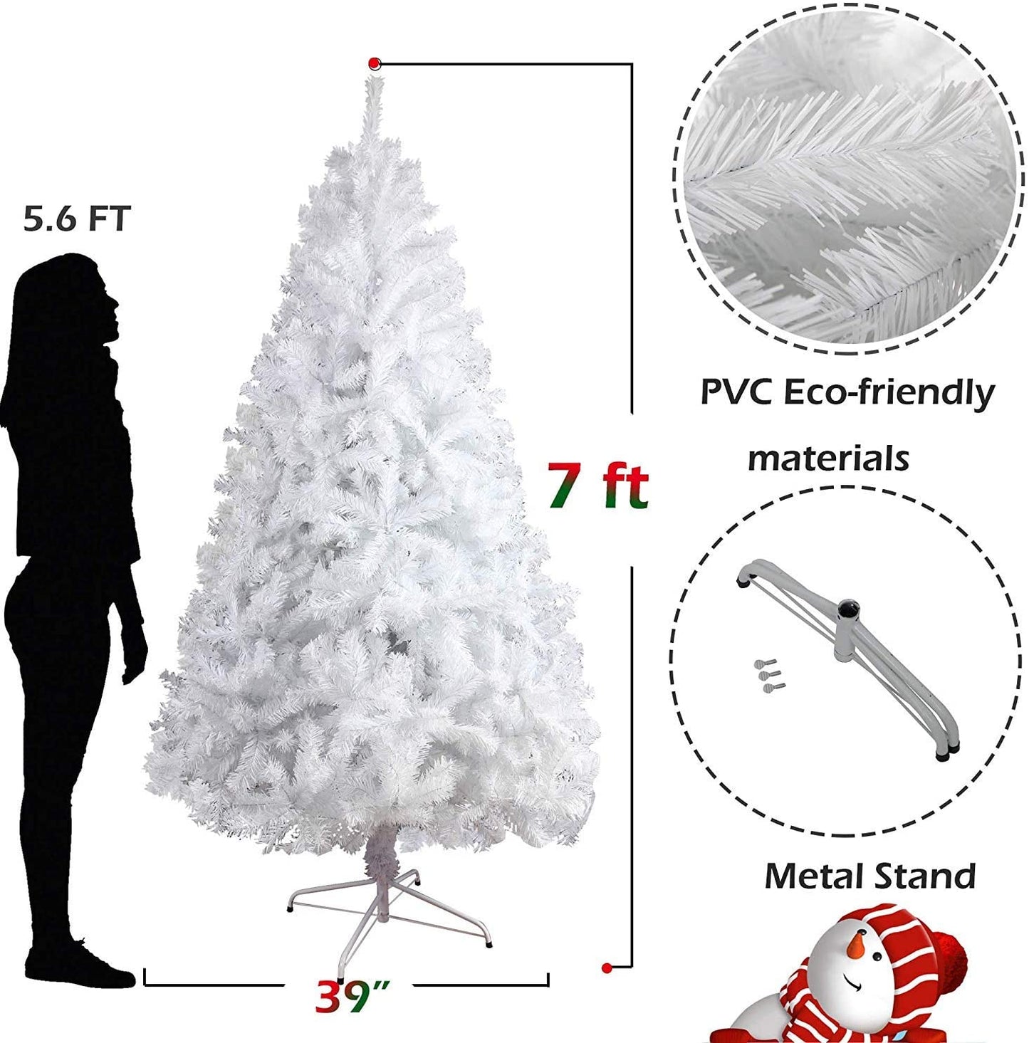 7ft Christmas Tree Artificial Pine Tree with 1000 Branch Tips and Decoration, White