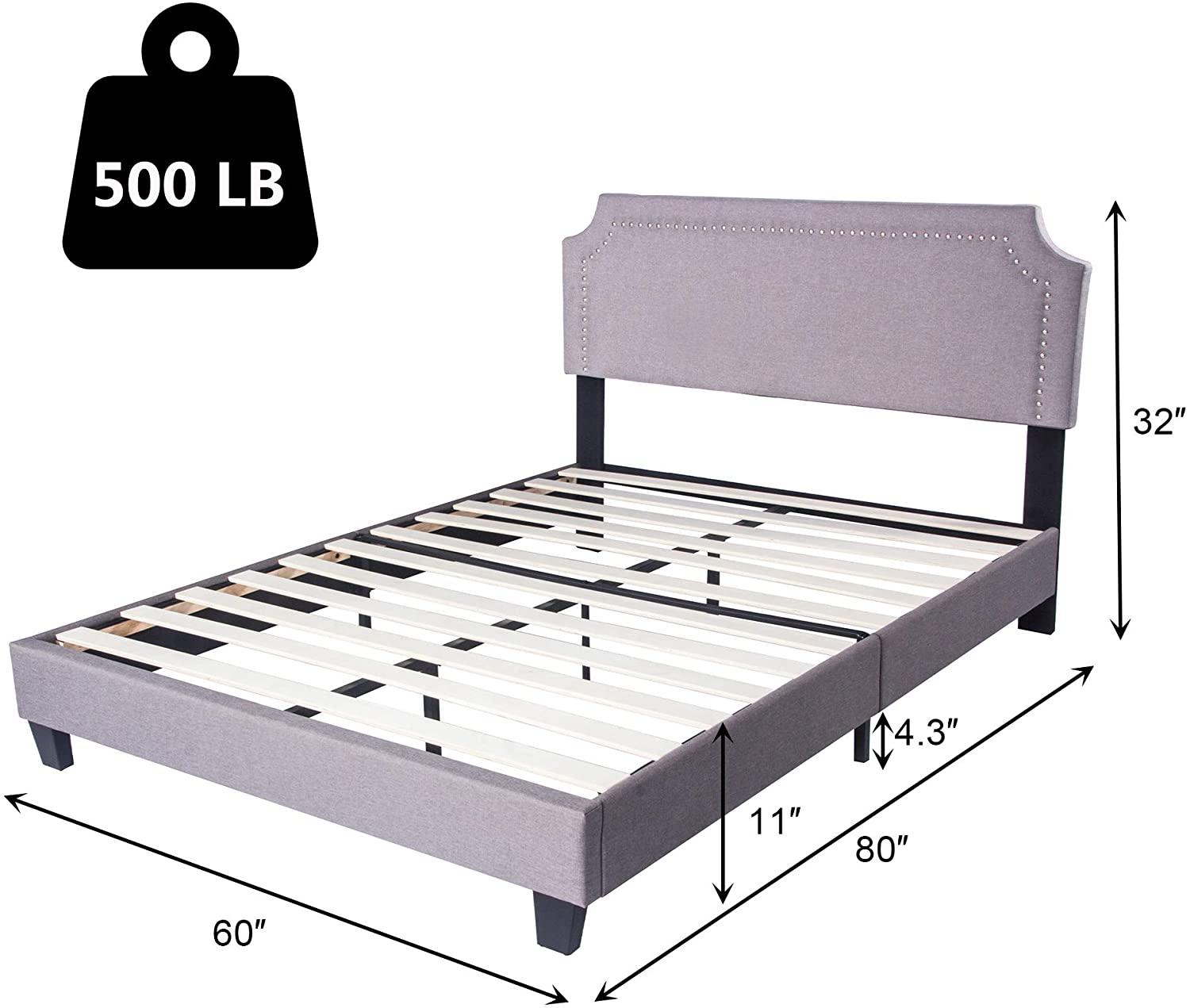 Platform Bed Frame Queen 11 Inch Upholstered Headbord Wood Slat Support Metal Frame Heavy Duty Bed Frame for Bedroom,No Box Spring Needed