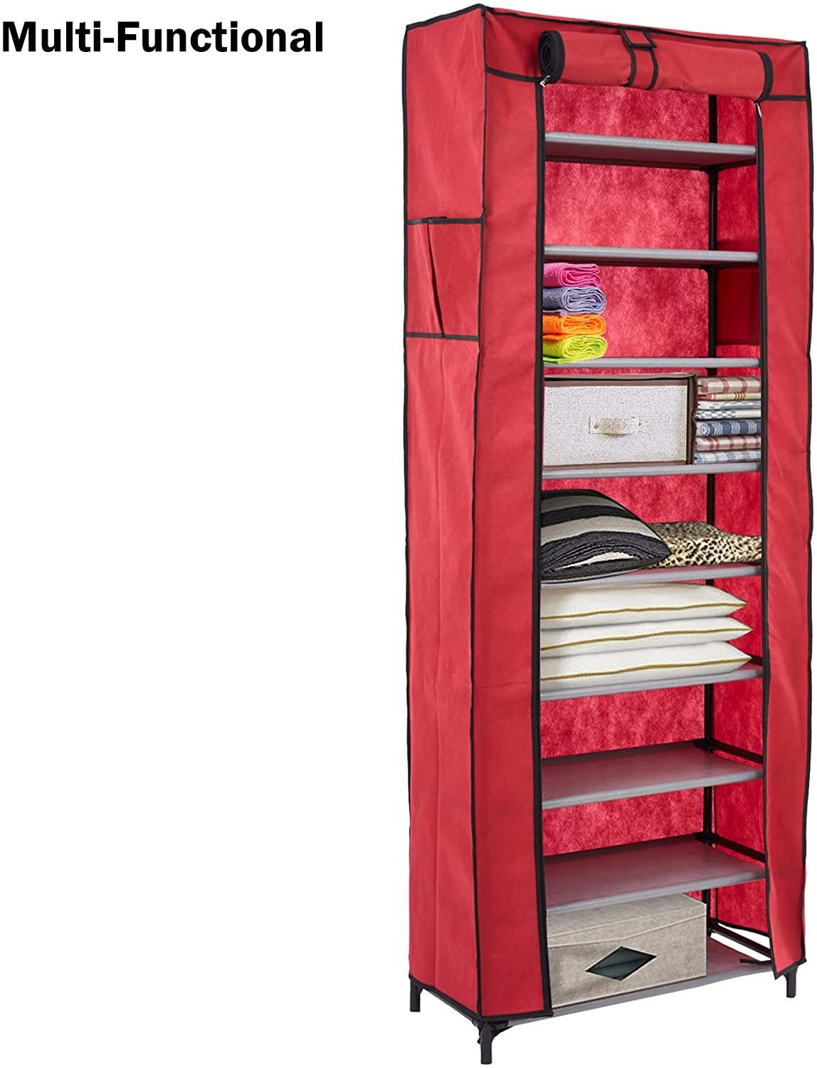 LUCKYERMORE 10 Tiers Shoe Rack with Dustproof Cover Shoes Storage Cabinet Boot Organizer, Red