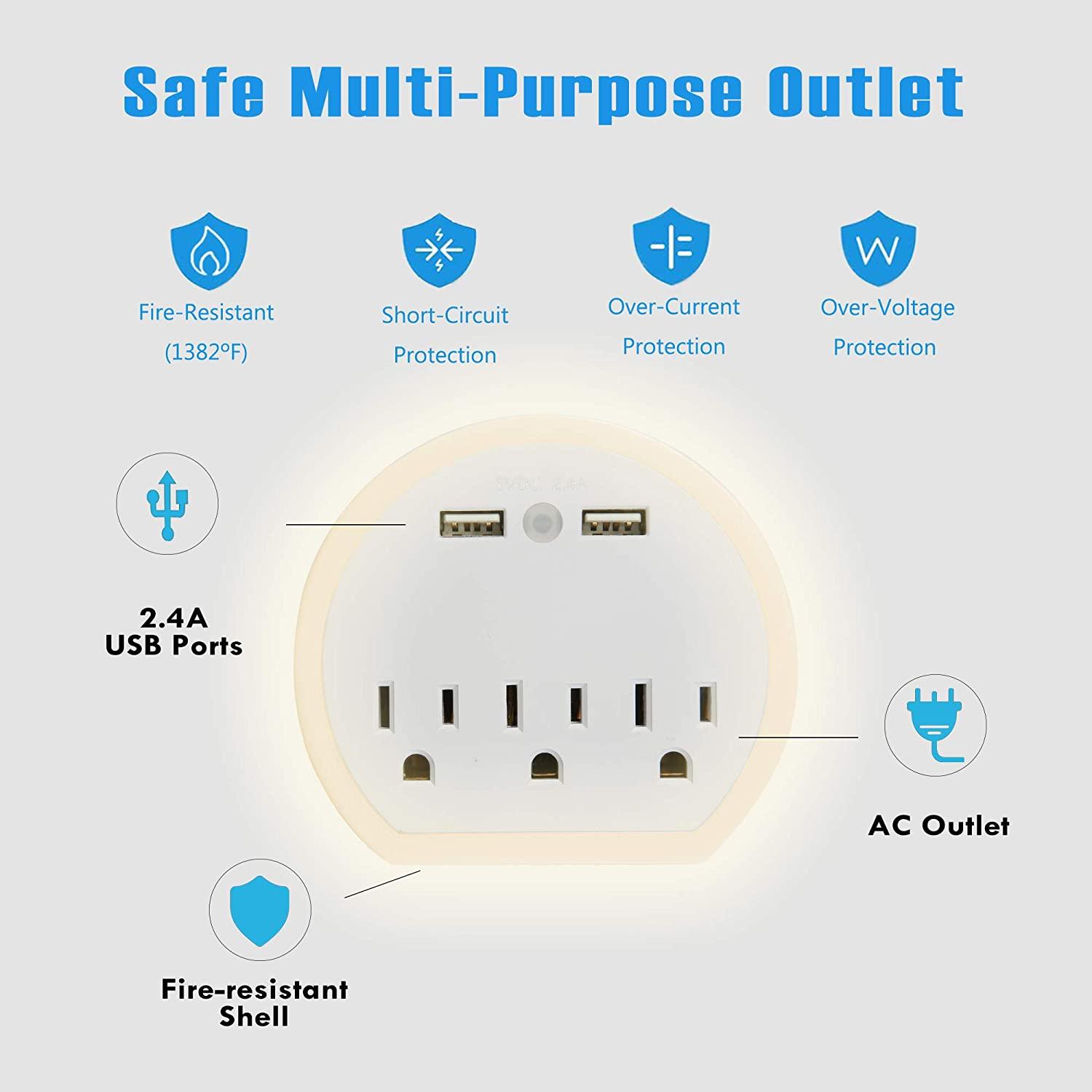 Wall Outlet Extender, Surge Protector Multi Plug Wall Charger with 3 Outlets and 2 USB Ports(5V/2.4A), Night Light Multiple Power Outlet for Cruise Ship Travel Office Home, White(2-Pack) - Luckyermore