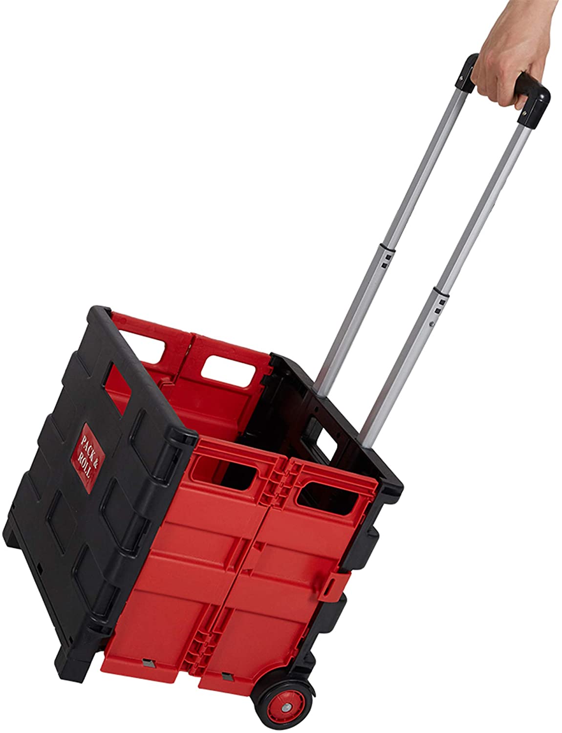 LUCKYERMORE 55lbs Collapsible Rolling Crate Transit Utility Cart Foldable Grocery Cart with Wheels, Red