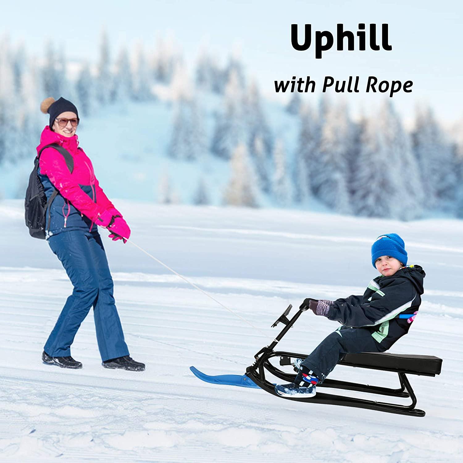 Snow Racer Sled with Steering Wheel and Brakes Kids Teens Ski Sled Slider Board, Blue - Luckyermore