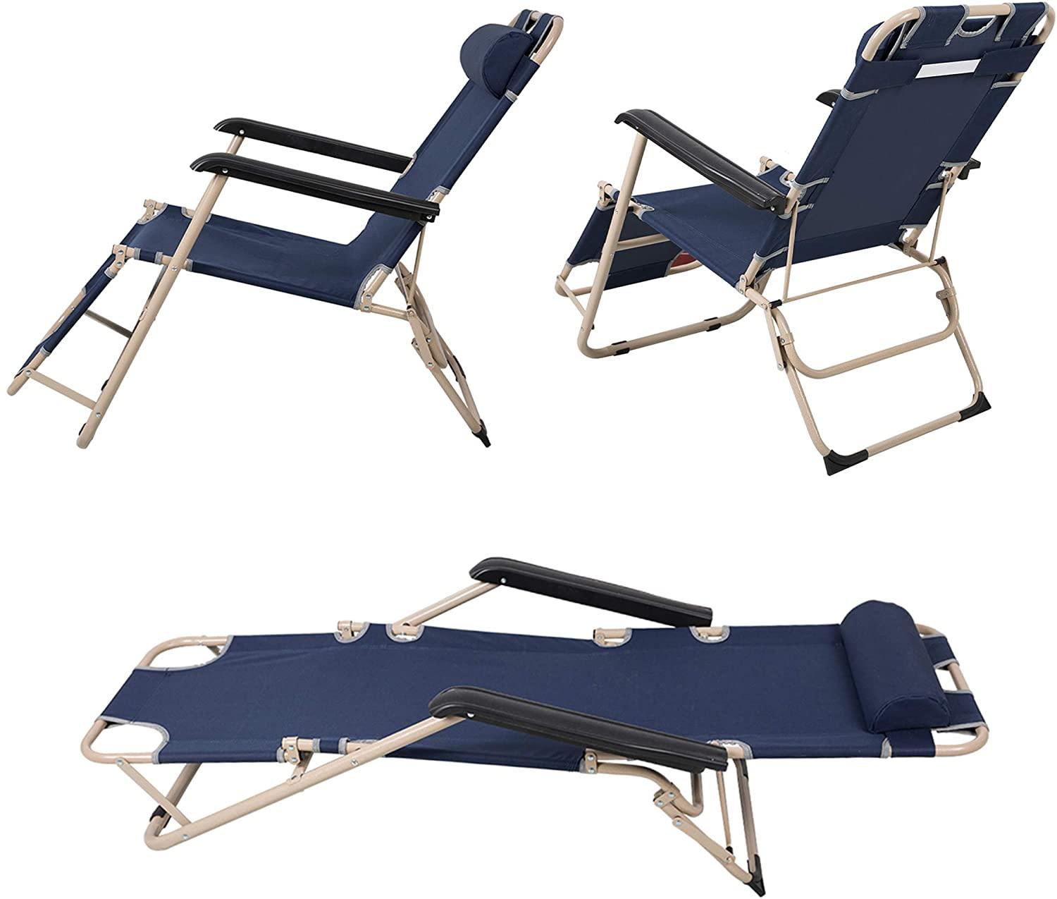 Luckyermore Set of 2 Portable Chaise Lounge Chair 66" L Flat Folding Outdoor Recliner Chair, Dark Blue