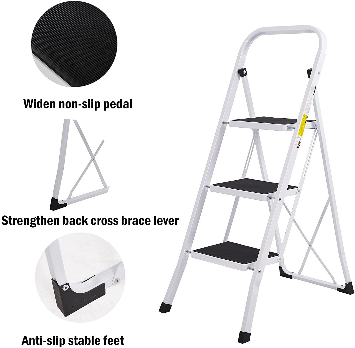 3 Step Ladder Sturdy Step Stool Portable 330lbs Capacity Light Weight for Home Kitchen Office - Luckyermore