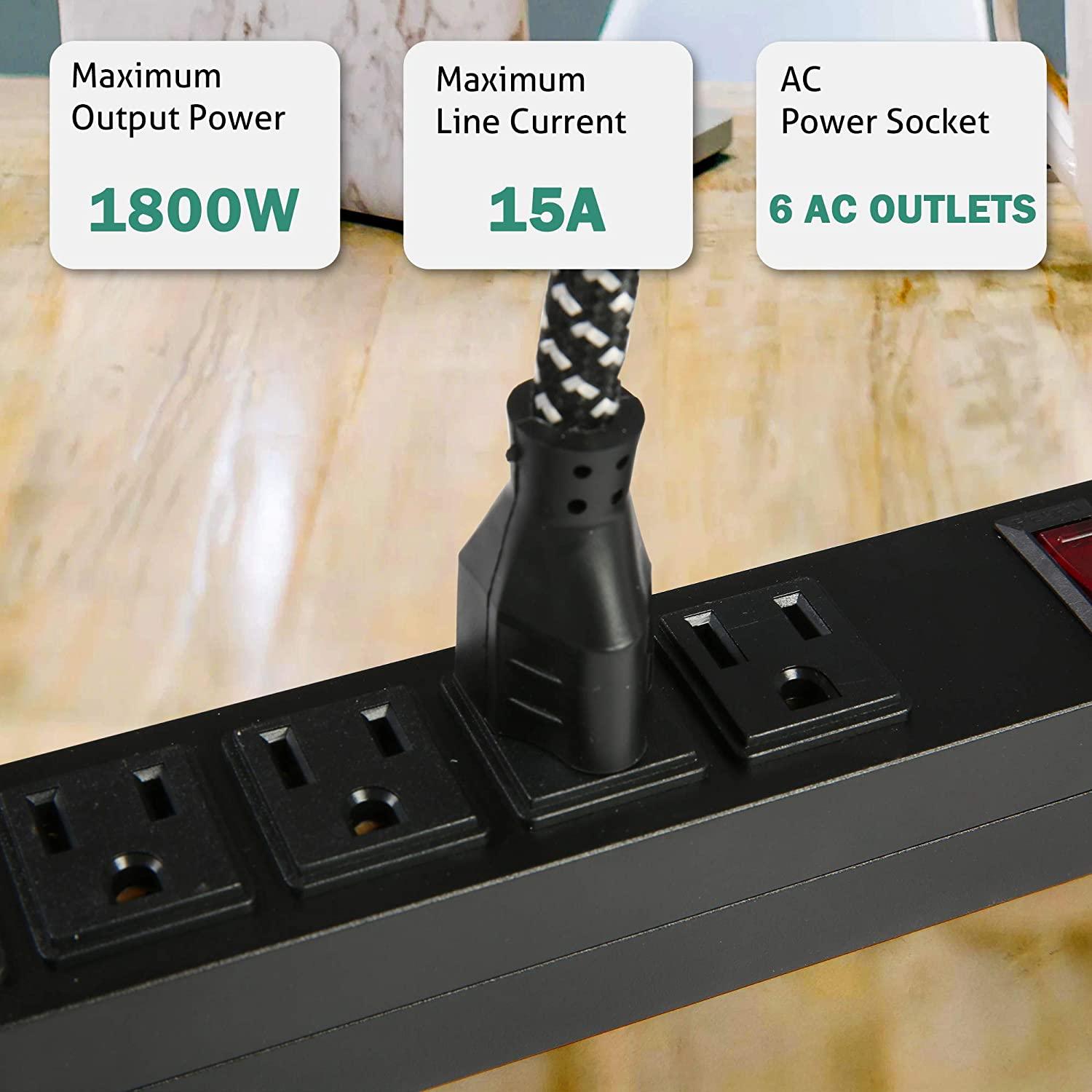 Set of 2 Power Strip with 6 Outlets Surge Protector 6 ft Extension Cord Wall Mount, Black - Luckyermore
