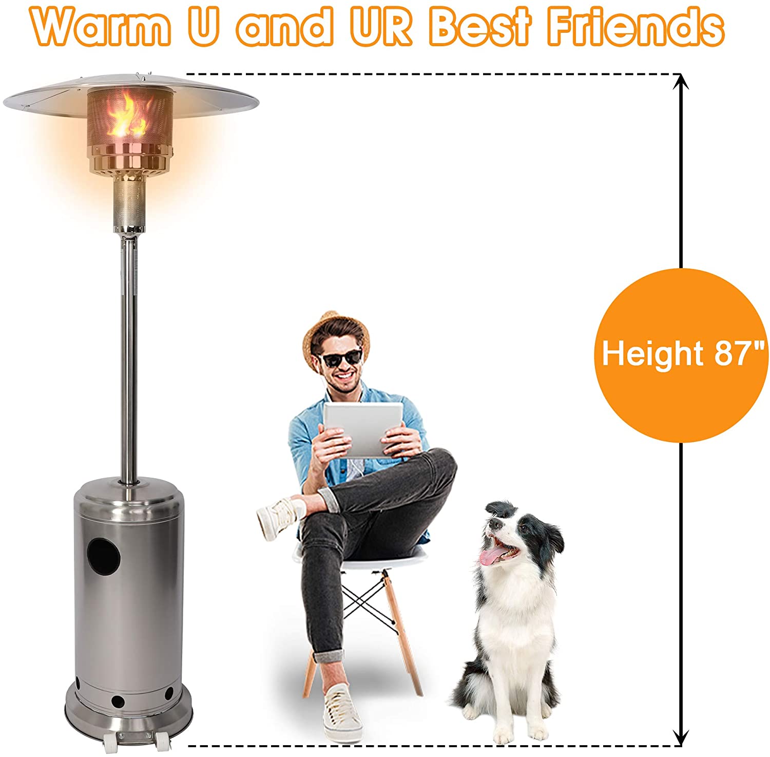 Stainless Steel Patio Heater Propane Outdoor Heater with Anti Tilt Switch, 87” High Quick Space Warm Up with Simple Ignition System Power Heater with Wheels, ETL Certified
