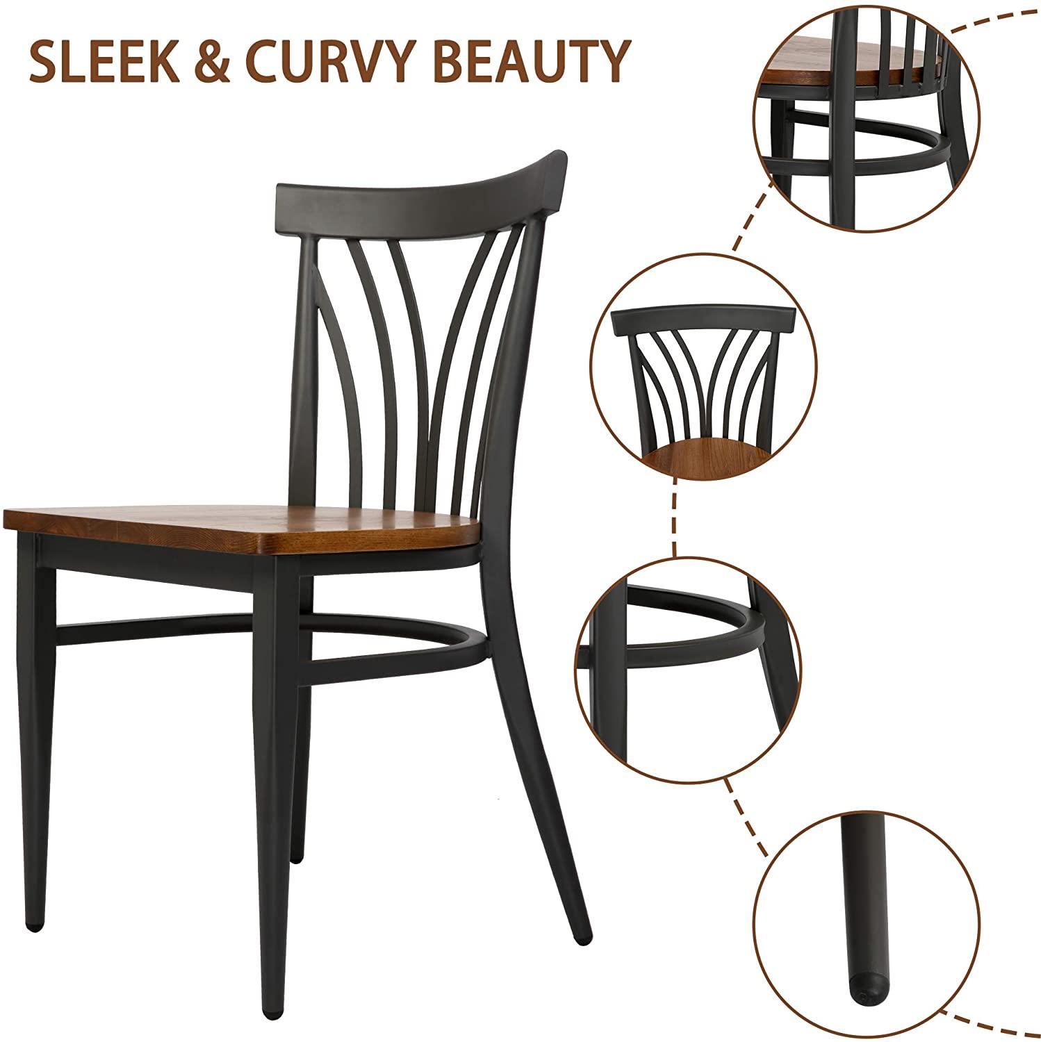 Set of 2 Kitchen Dining Chairs Wood Seat with Metal Legs Fully Assembled, Curve V Back