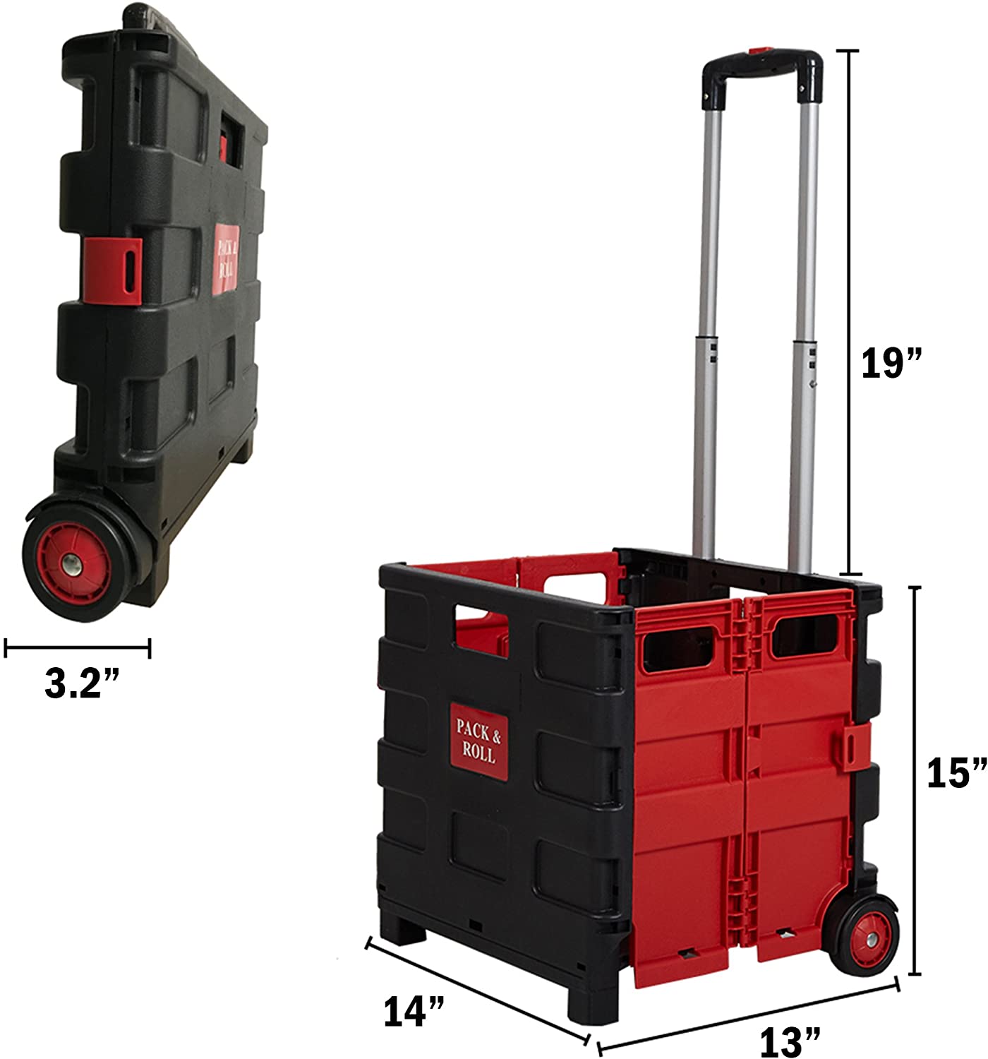 LUCKYERMORE 55lbs Collapsible Rolling Crate Transit Utility Cart Foldable Grocery Cart with Wheels, Red
