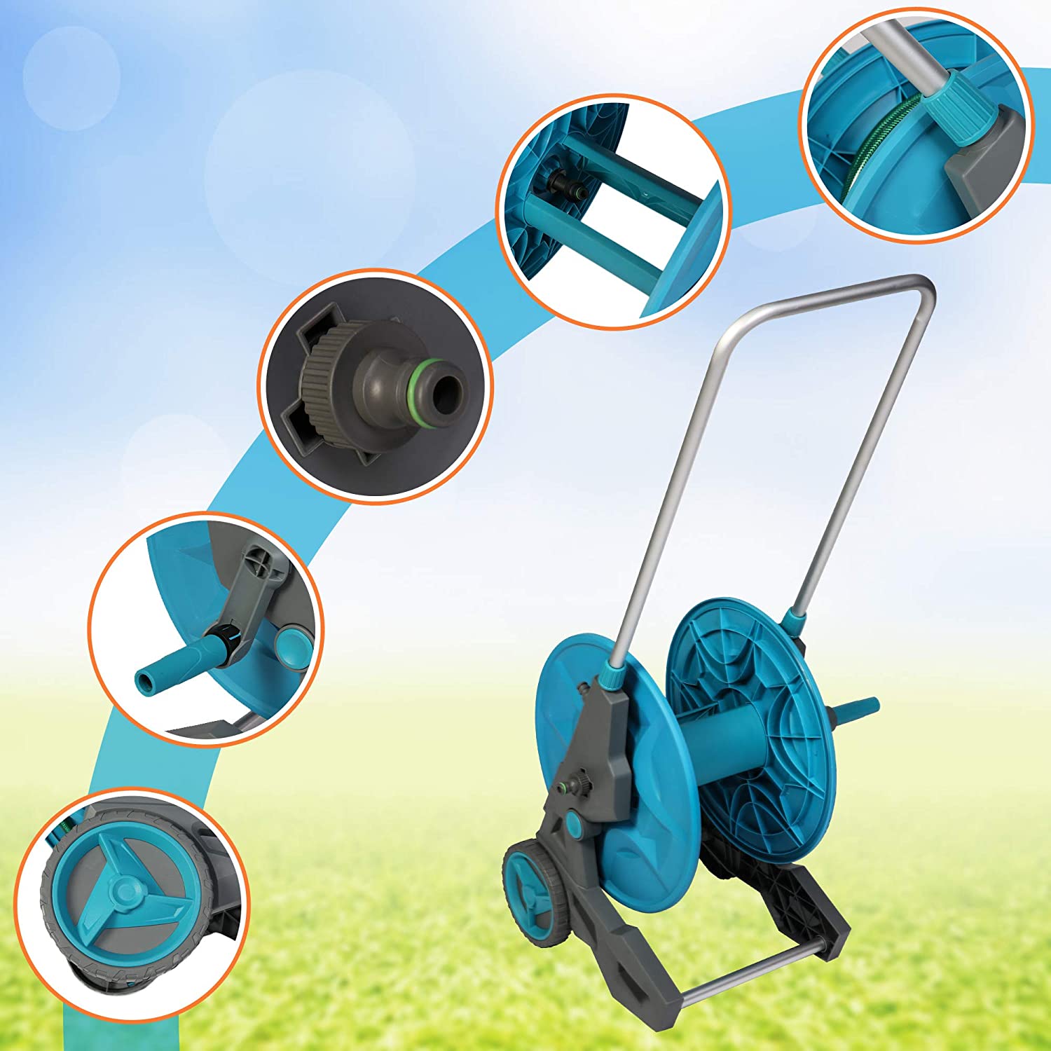 130 Feet Garden Hose Reel Aluminum Hose Reel Cart with Wheels 3/4 Inch 6.6 Feet Leader Hose 7 Patterns Nozzle Included