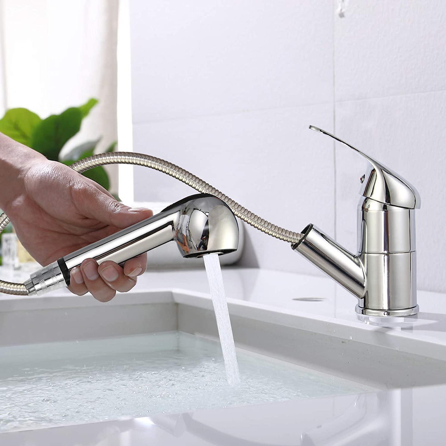 Pull Out Sprayer Single Hole Kitchen Sink Faucet, Single Handle Stainless Steel Tap for Bathroom Rv Wet Bar Sinks, Chrome - Luckyermore