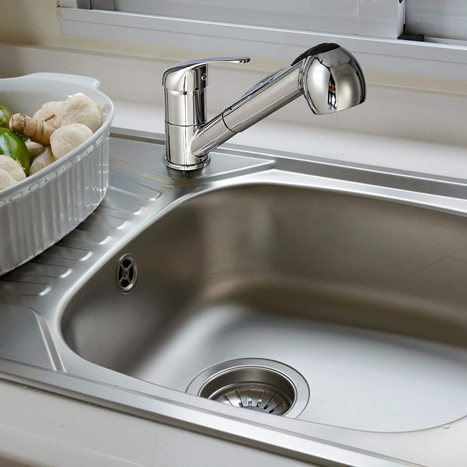 Pull Out Sprayer Single Hole Kitchen Sink Faucet, Single Handle Stainless Steel Tap for Bathroom Rv Wet Bar Sinks, Chrome - Luckyermore