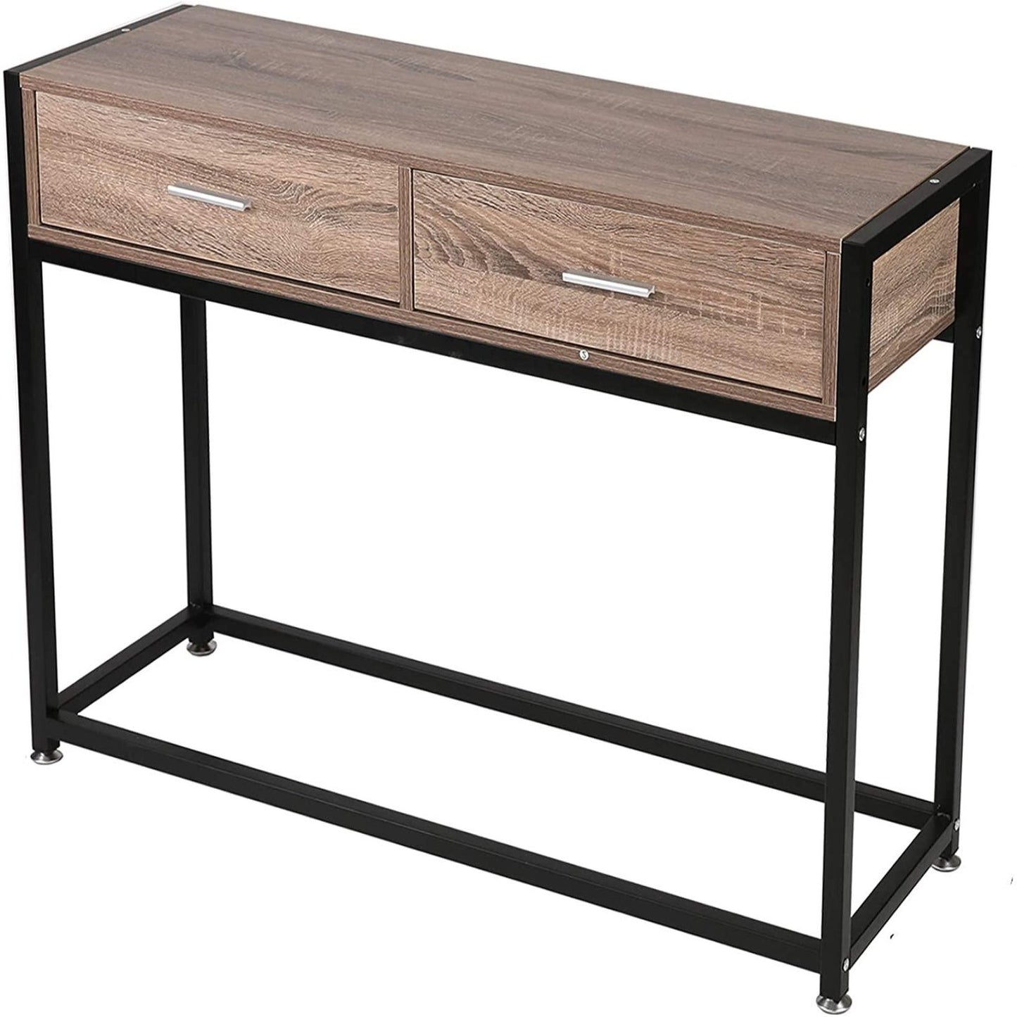 Entryway Console Table Hallway with 2 Drawers Wooden Metal Narrow Sofa Table with Two Storage Compartments Brown