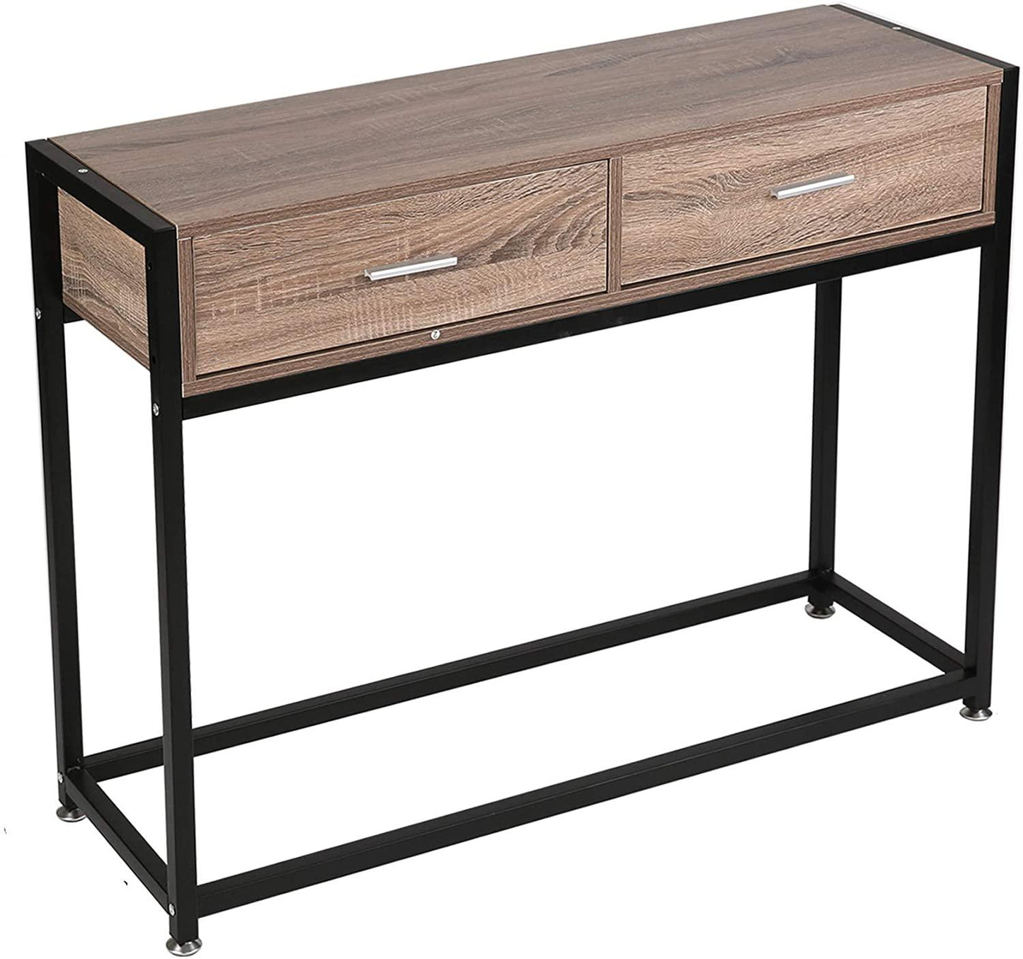 Entryway Console Table Hallway with 2 Drawers Wooden Metal Narrow Sofa Table with Two Storage Compartments Brown