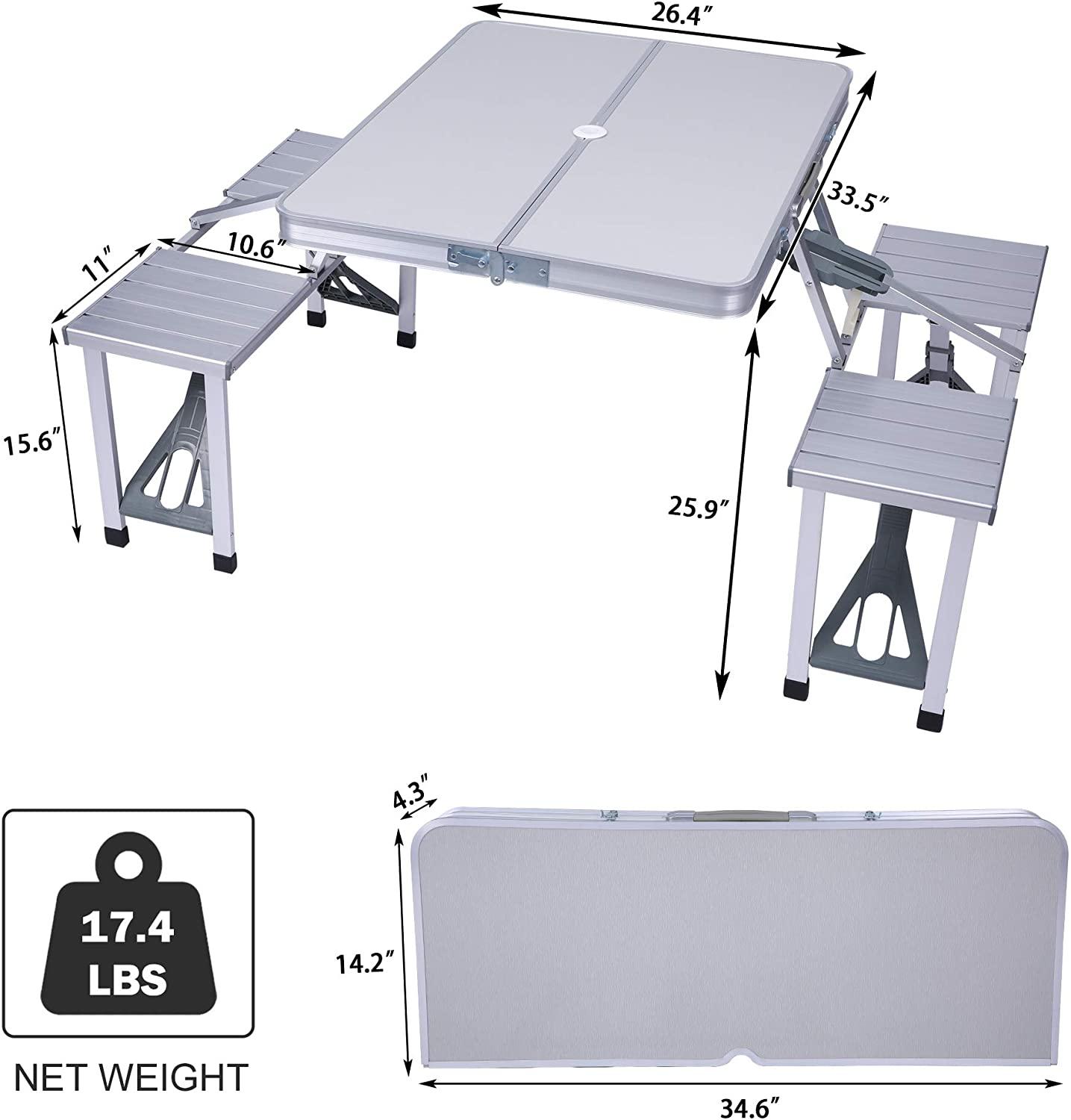 LUCKYERMORE Portable Folding Camping Picnic Table Chair Set for 4 with Seats Chairs and Umbrella Hole